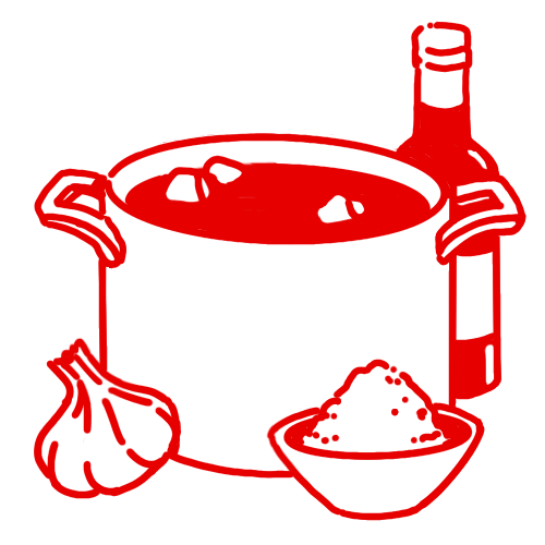 Illustration of a soup pot with garlic, spices, and a wine bottle nearby