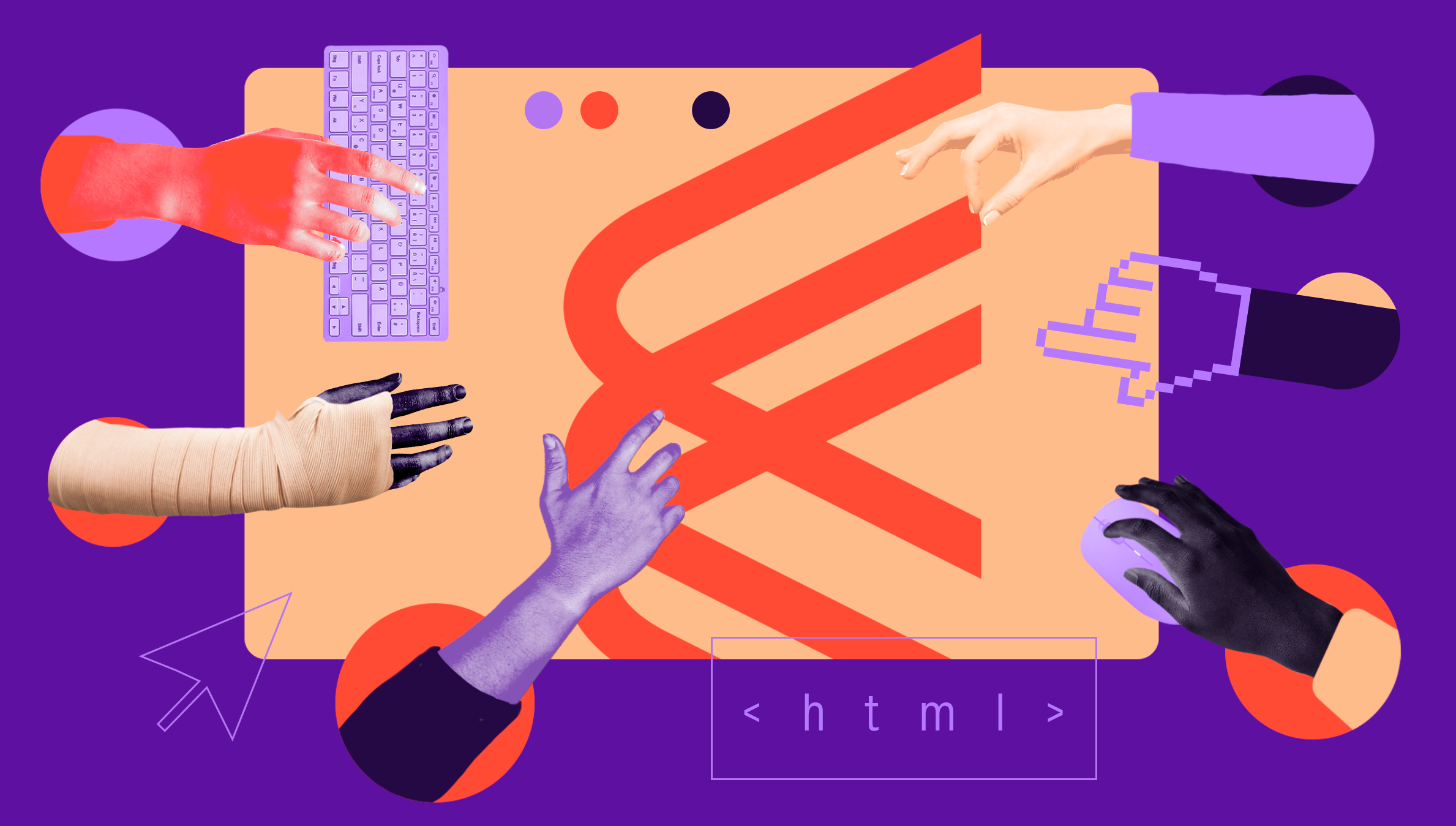Abstract illustration of multi-colored human arms and hands reaching for and touching the Chorus logo (another arm is bandaged, one hand is a digital hand) while another hand holds a mouse, and another touches a keyboard.