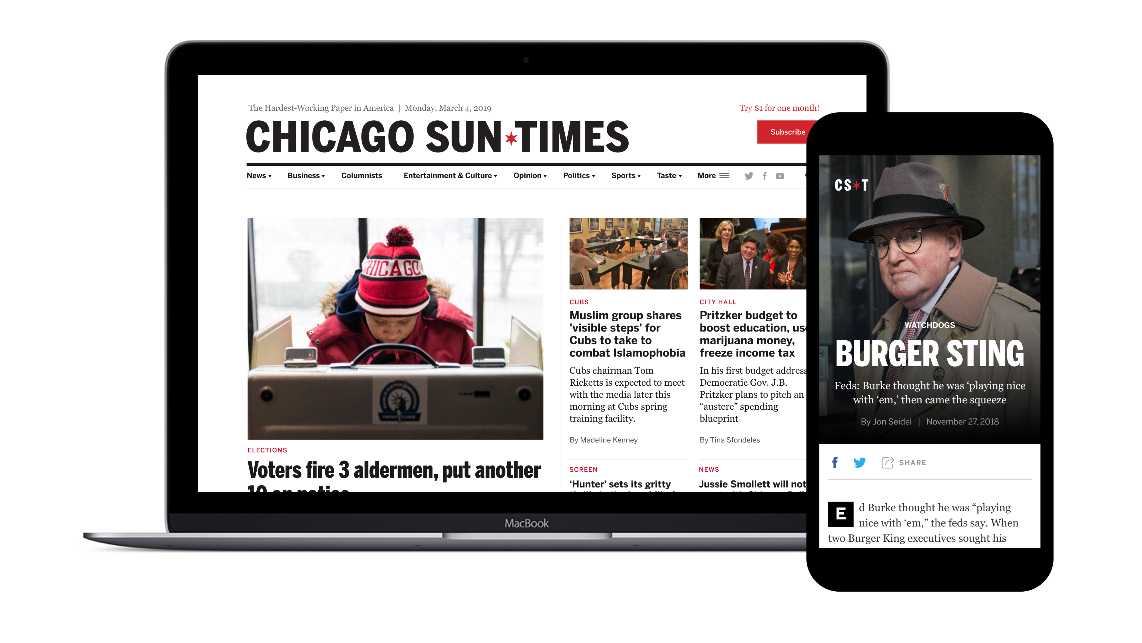 A laptop and phone side by side, displaying the new Sun-Times website.