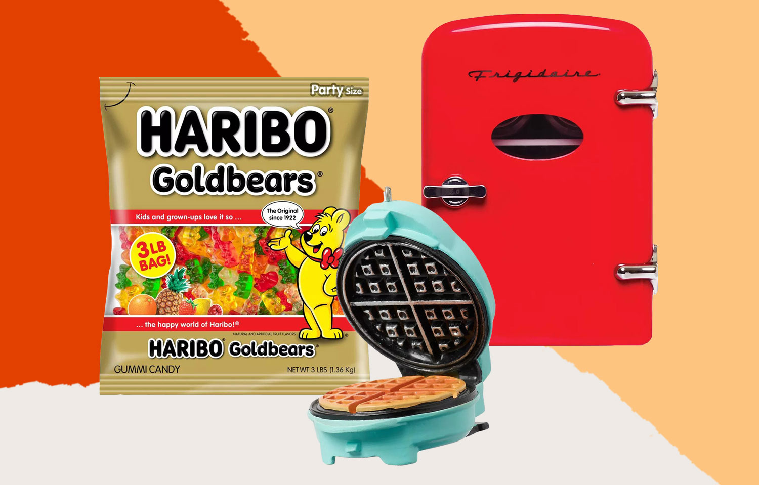 A bag of Haribo gummy bears, a waffle maker ornament, and a Frigidaire mini fridge