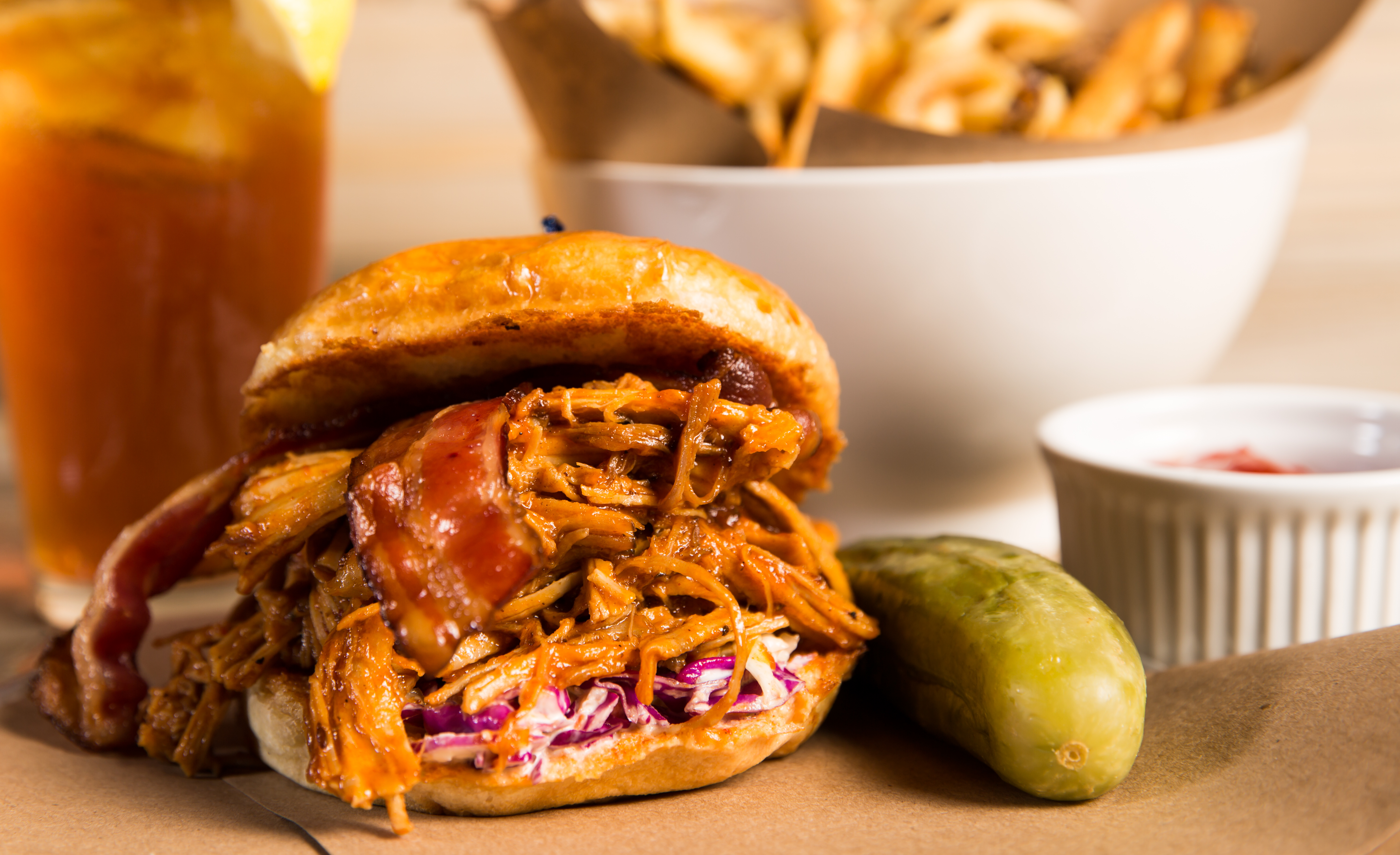 A close-up image of a BBQ sandwich at Atlanta’s Muss &amp; Turner’s restaurant.