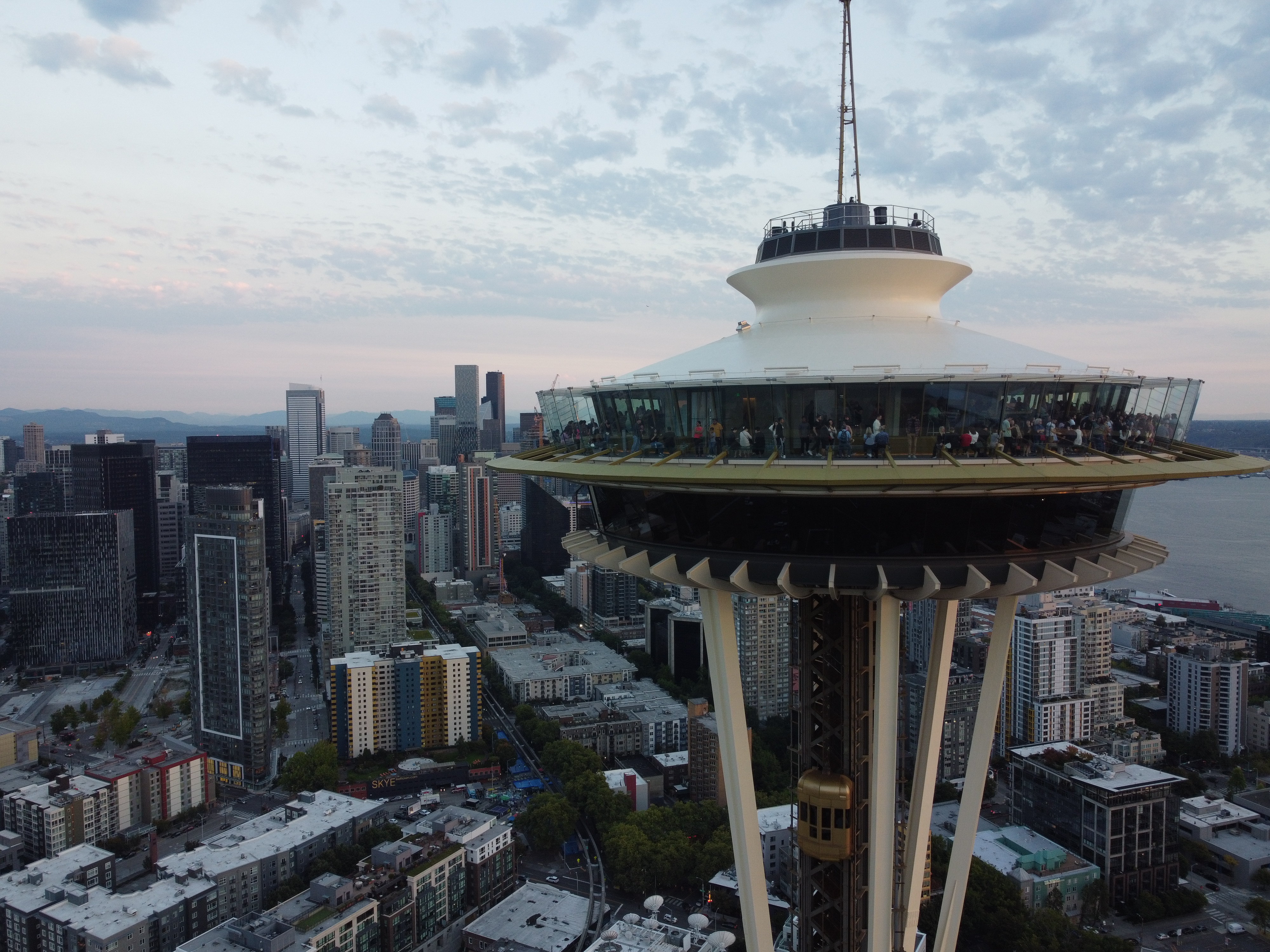 A close-up view of the Space Needle.