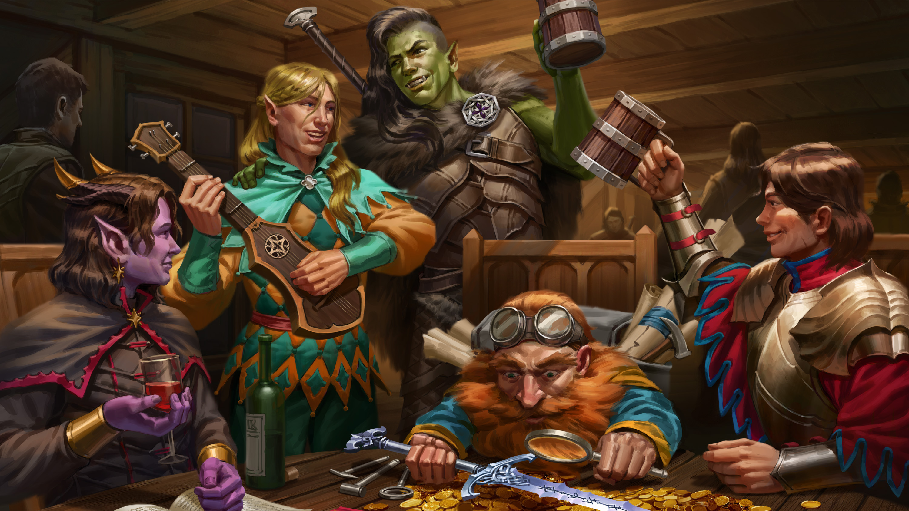 A party of adventurers celebrates at a tavern. As a bard plays on, several drink and carouse. A dwarf admires a sword with a magnifying glass in the foreground.