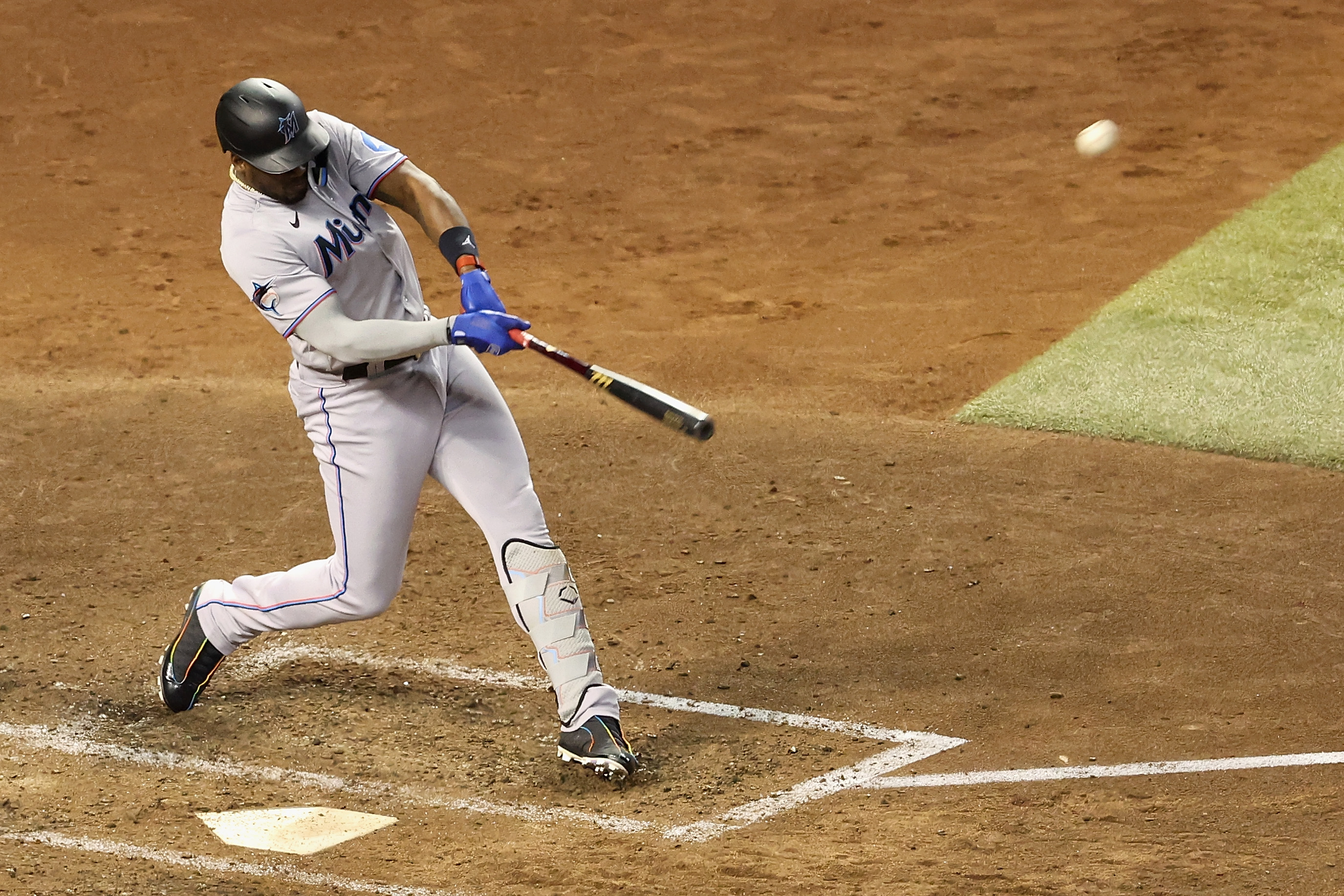 Jorge Soler #12 of the Miami Marlins hits a two-run home run during the fifth inning of the MLB game against the Arizona Diamondbacks at Chase Field on May 09, 2023 in Phoenix, Arizona.