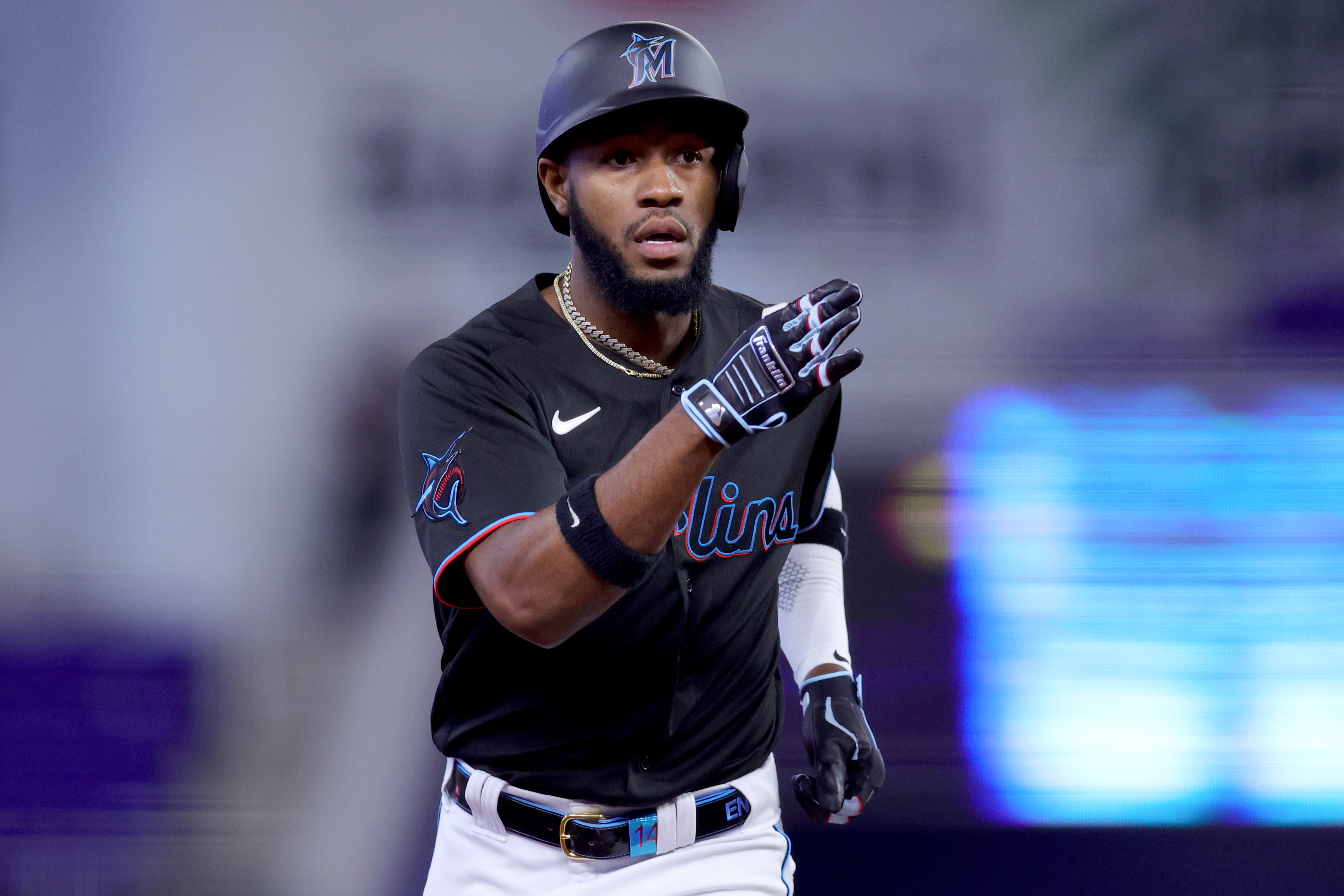 Bryan De La Cruz #14 of the Miami Marlins rounds the bases after hitting a home run against the Washington Nationals during the second inning at loanDepot park on May 18, 2023 in Miami, Florida
