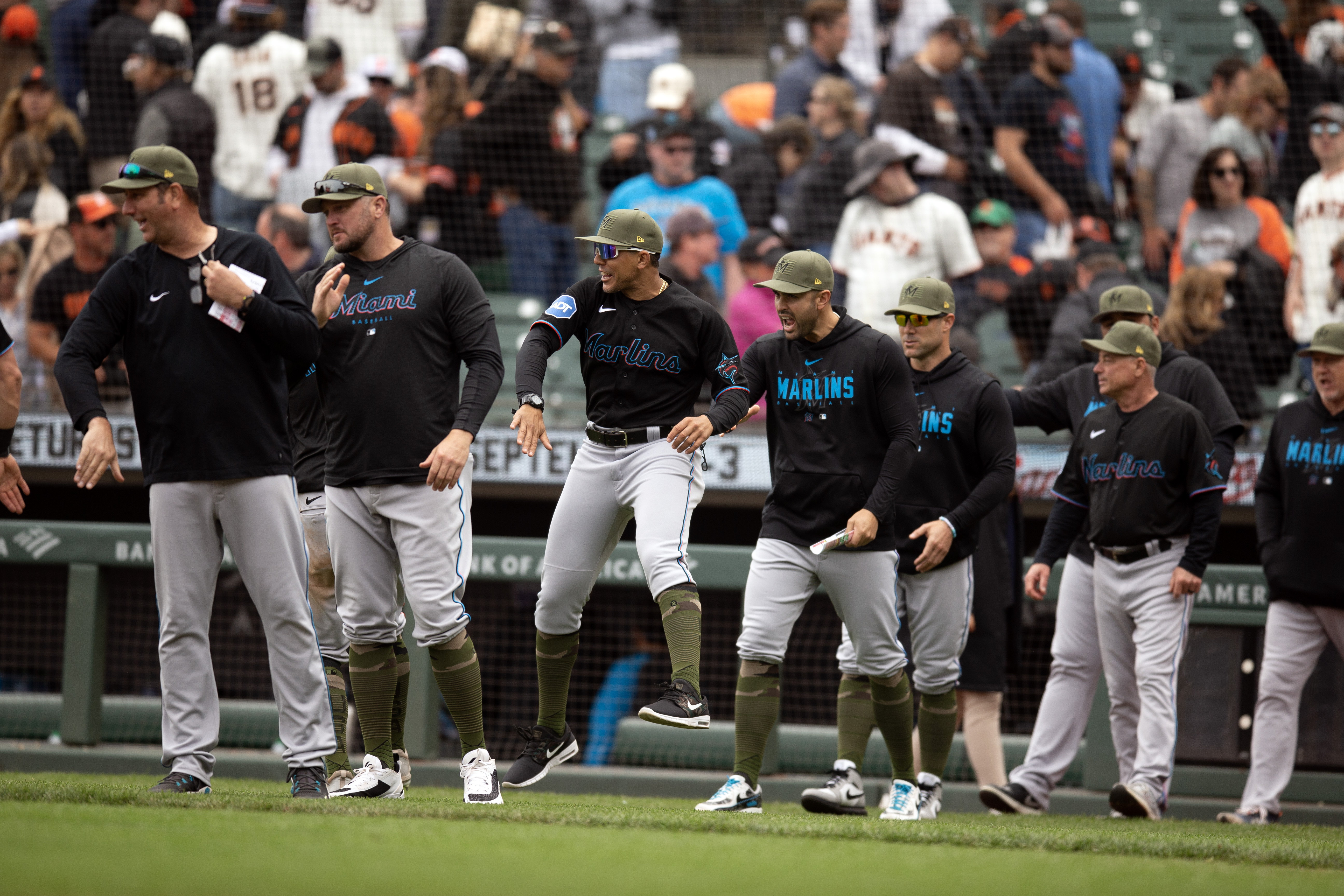 San Francisco, California, USA; Miami Marlins players celebrate their 1-0 victory over the San Francisco Giants at Oracle Park