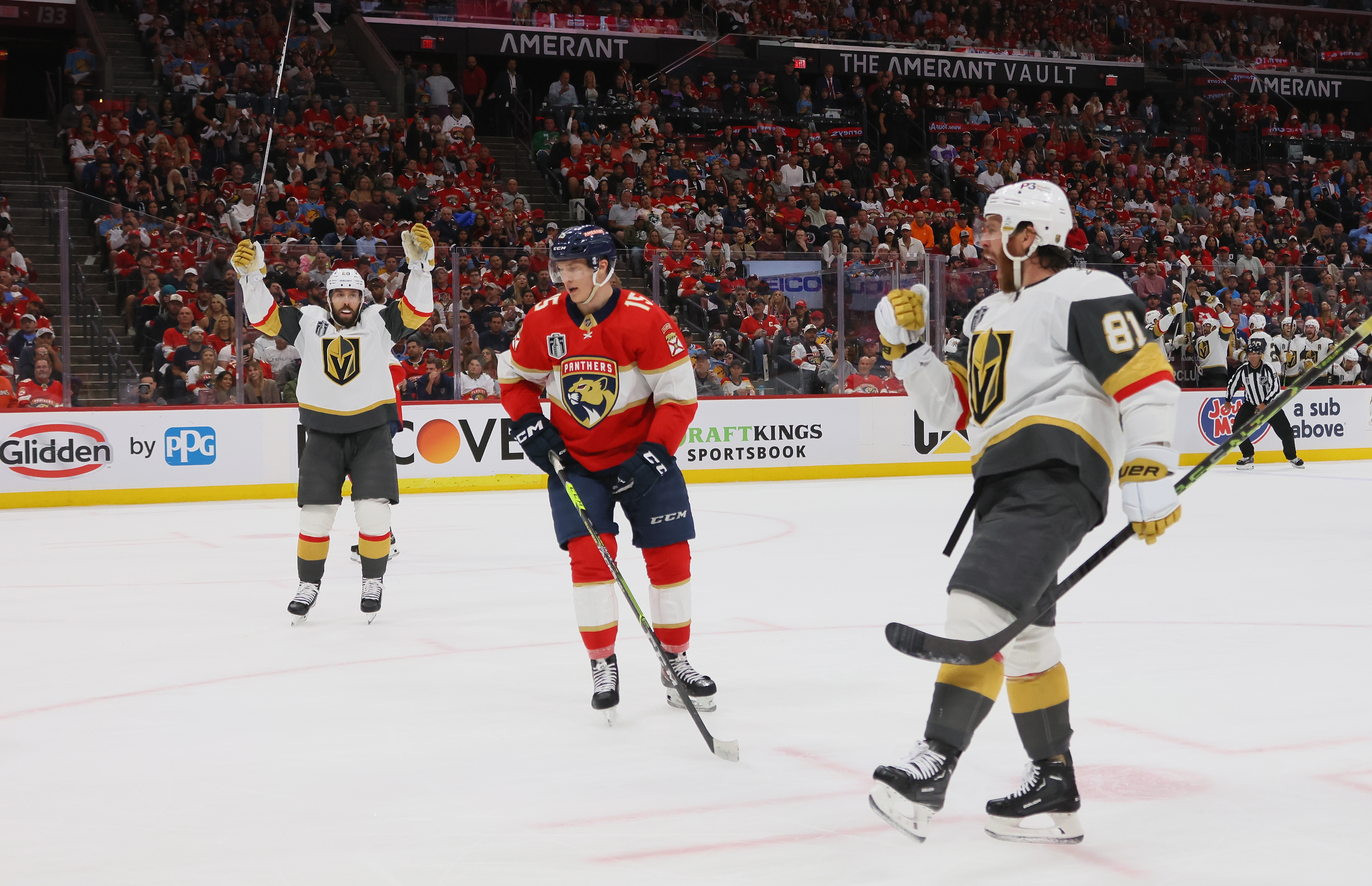 Jonathan Marchessault #81 of the Vegas Golden Knights (R) celebrates his goal against the Florida Panthers in Game Three of the 2023 NHL Stanley Cup Final at FLA Live Arena on June 08, 2023 in Sunrise, Florida.