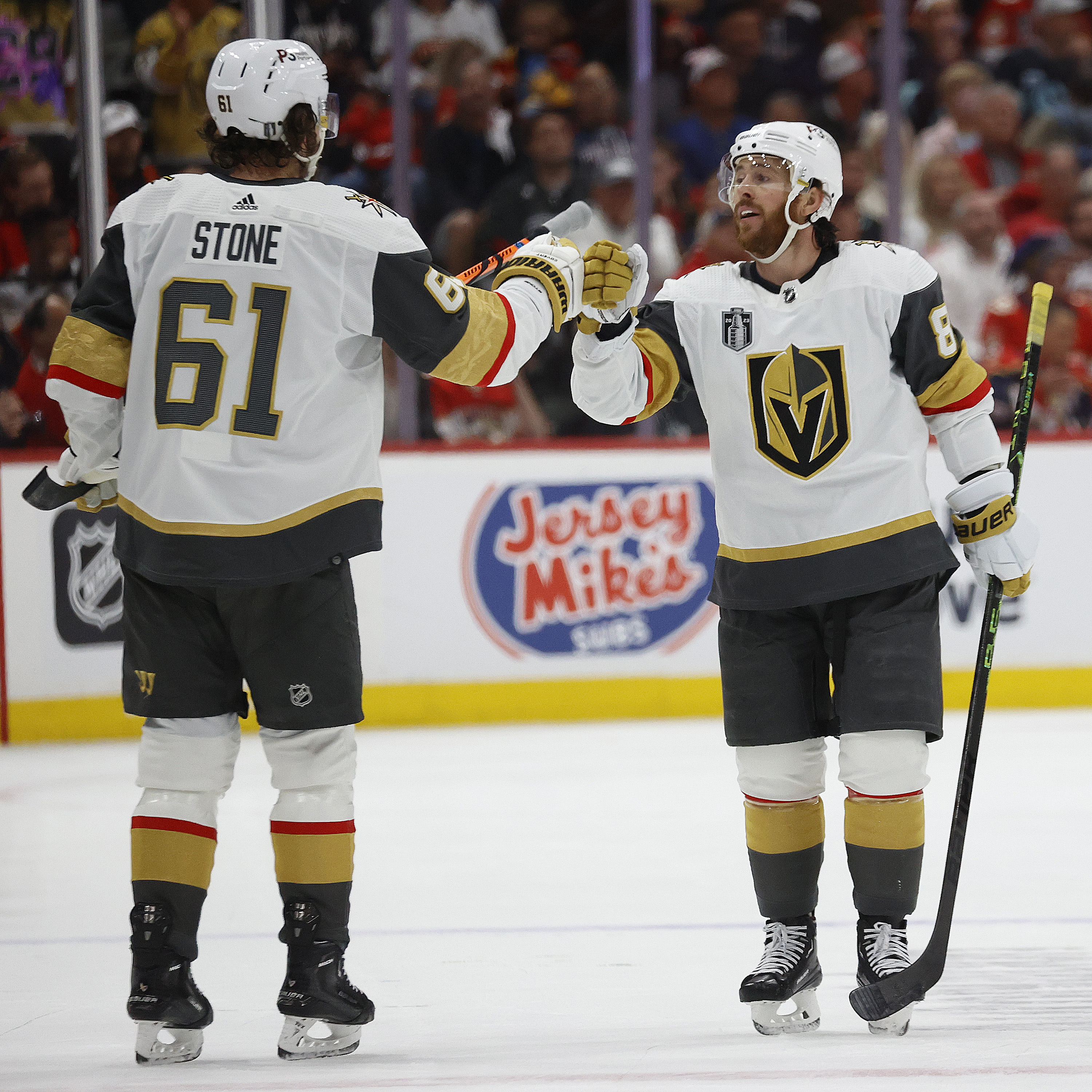 Jonathan Marchessault #81 of the Vegas Golden Knights celebrates his goal with teammate Mark Stone #61 during the second period against the Florida Panthers in Game Three of the 2023 Stanley Cup Final at the FLA Live Arena on June 8, 2023 in Sunrise, Florida.