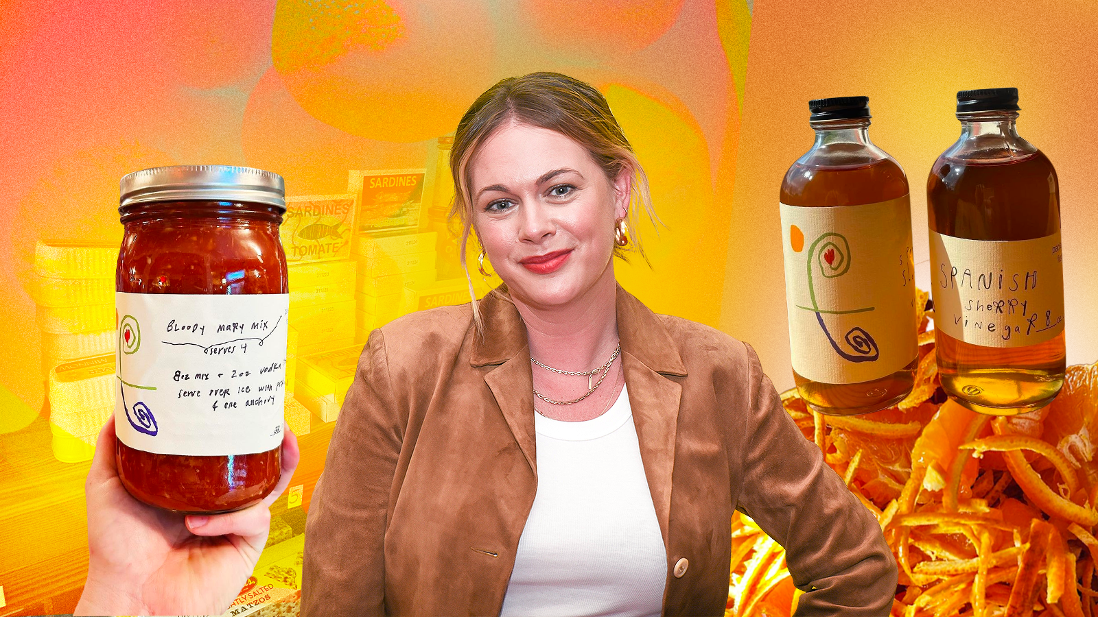 Alison Roman in a collage superimposed next to a jar of bloody Mary mix and vinegars.