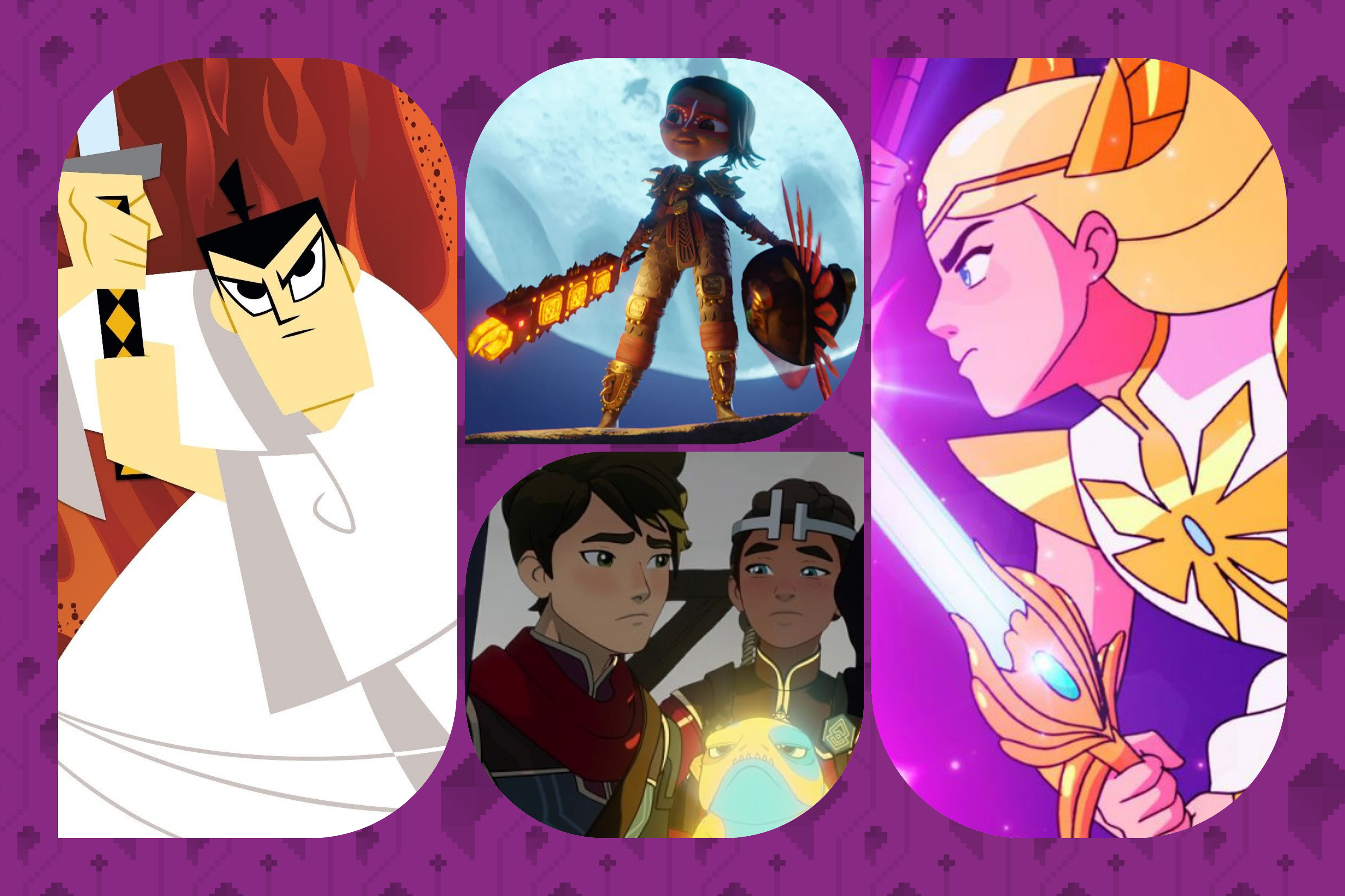 A collage featuring Samurai Jack, Maya and the Three, the Dragon Prince, and She-Ra