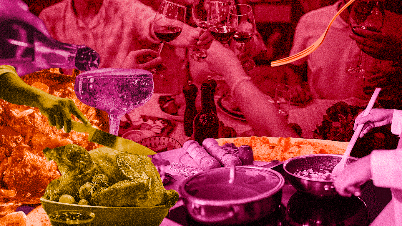 Animated collage of a fork pulling a noodle and Champagne pouring among photos of pots and pans, a roasted chicken, and wine glasses.