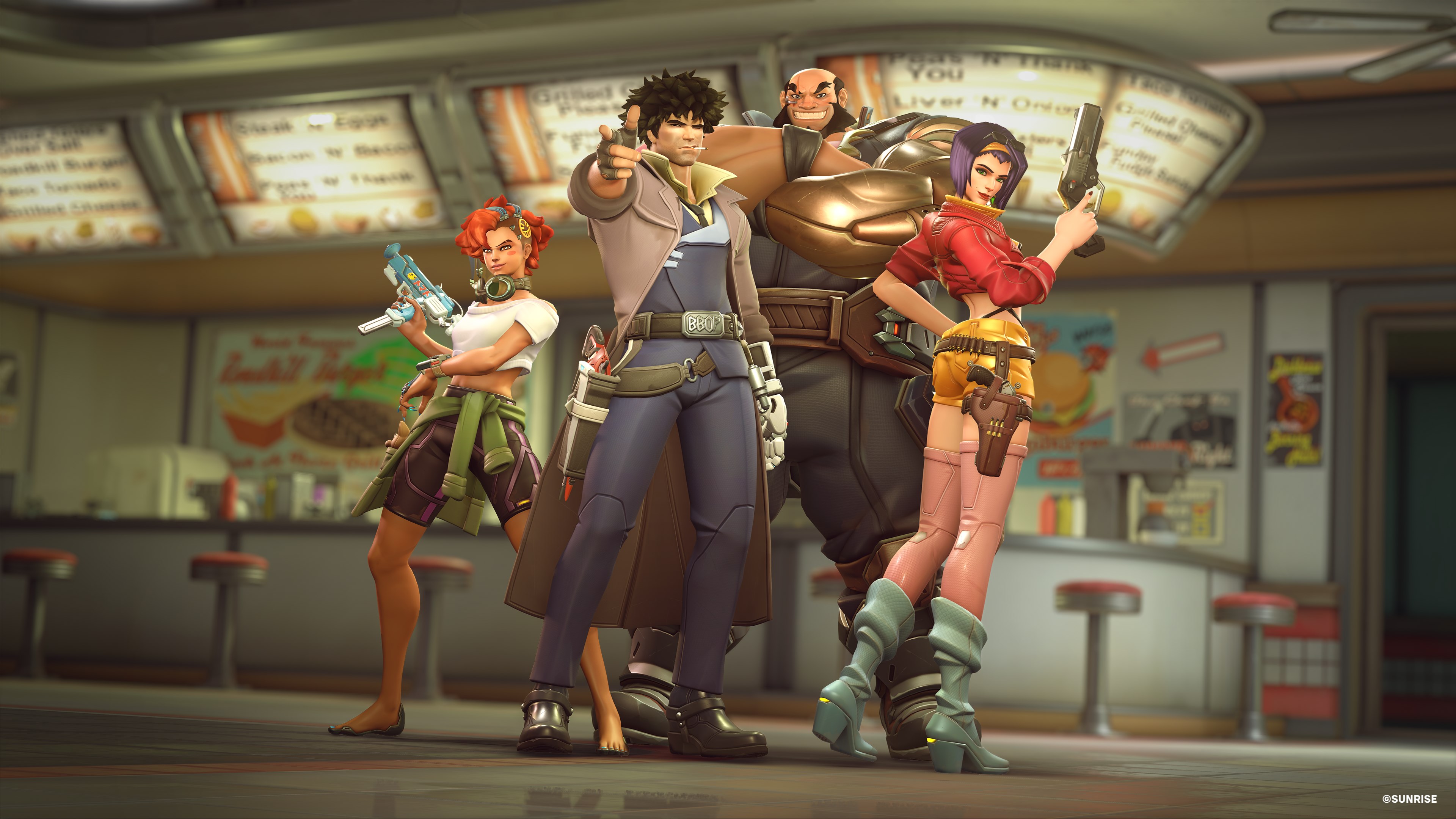 Overwatch heroes Sombra, Cassidy, Mauga, and Ashe as Cowboy Bebop characters Ed, Spike Spiegel, Jet Black, and Faye Valentine, hanging out in the Route 66 restaurant lobby area