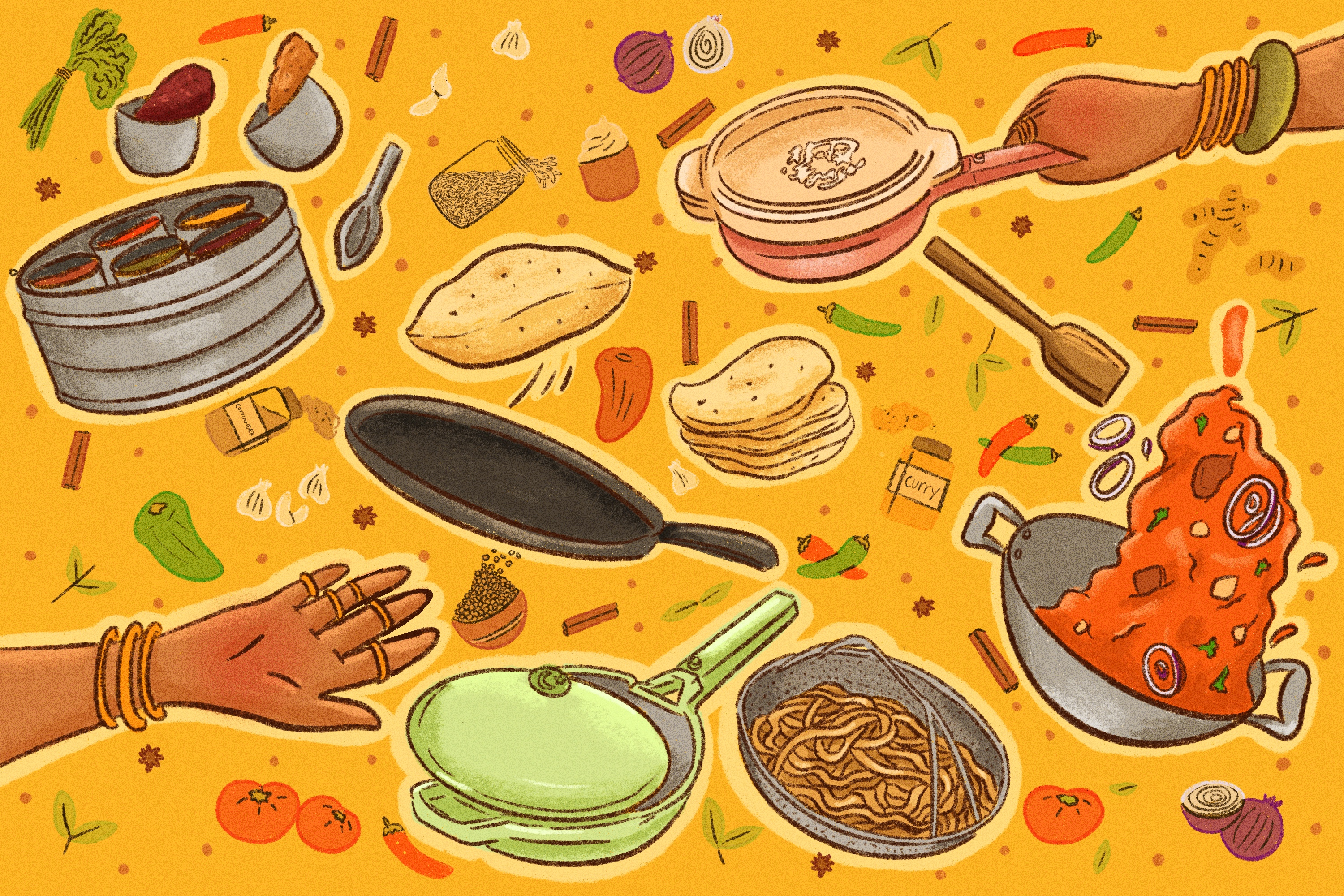 Illustration of a flipping pan, tawa, and masala dabba, among other cooking tools, on a colorful background showing spices and chiles.