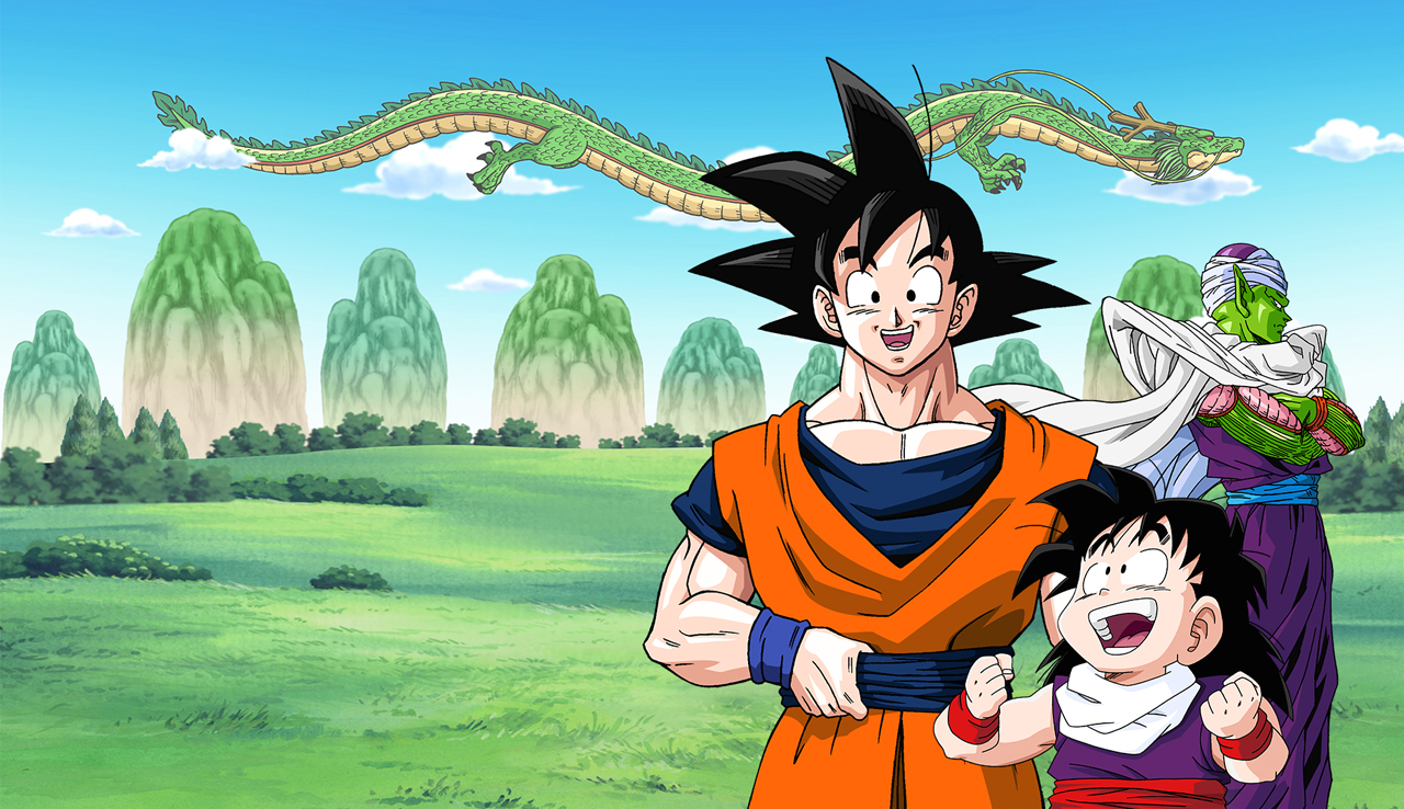 Dragon Ball Z heroes Gohan, Piccolo, and Goku standing with a dragon flying behind them