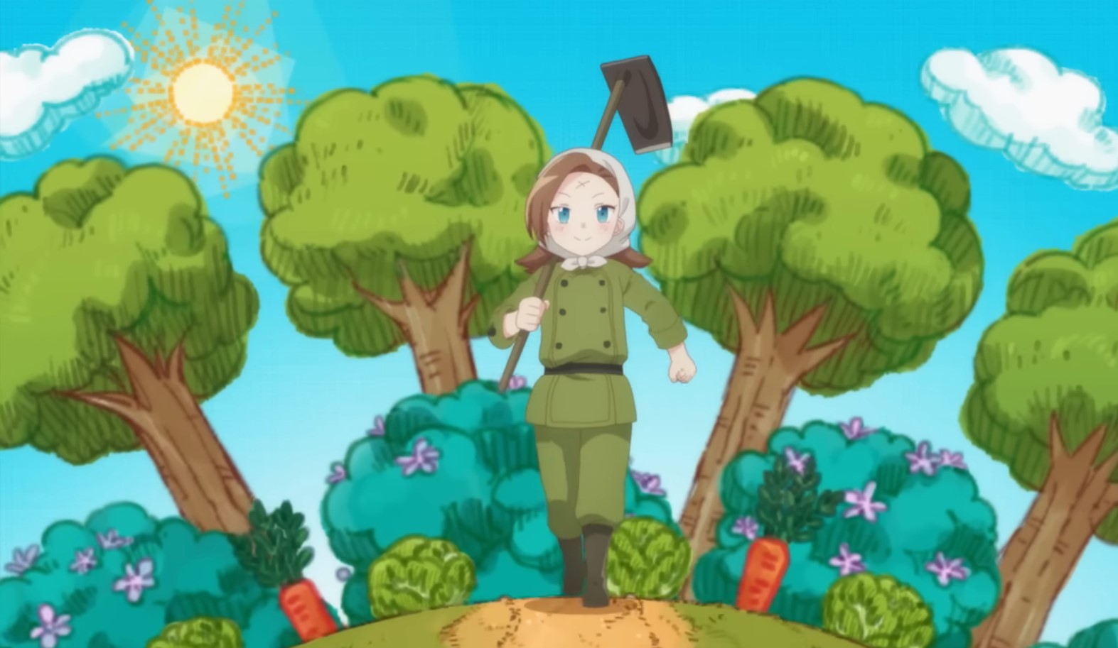 A brown-haired anime girl in an olive green gardening outfit holding a tool in one hand and smiling.