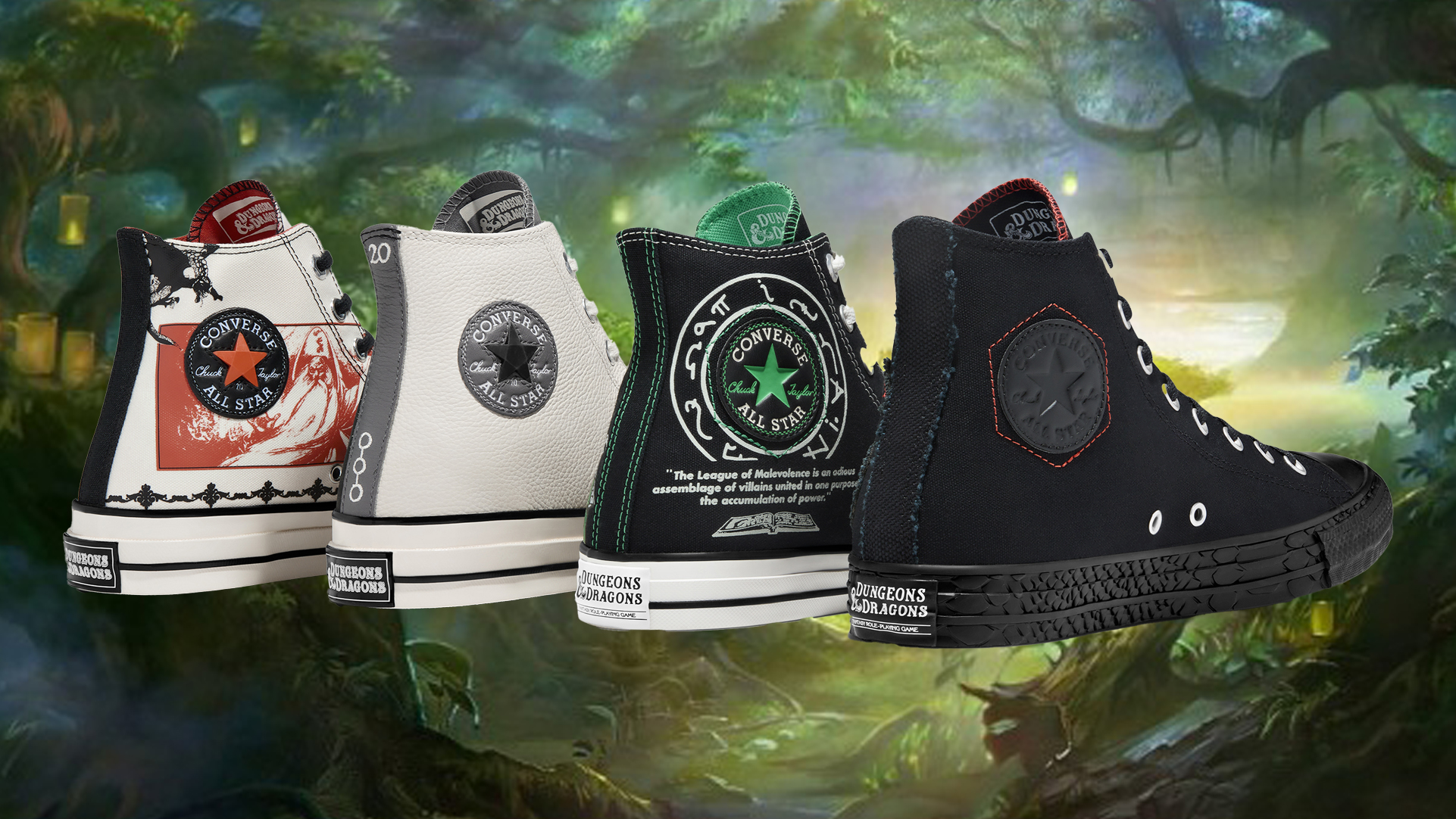 Stock photographs of the four of the limited-edition hi-tops included in Chuck Taylor’s 50th Anniversary D&amp;D collection