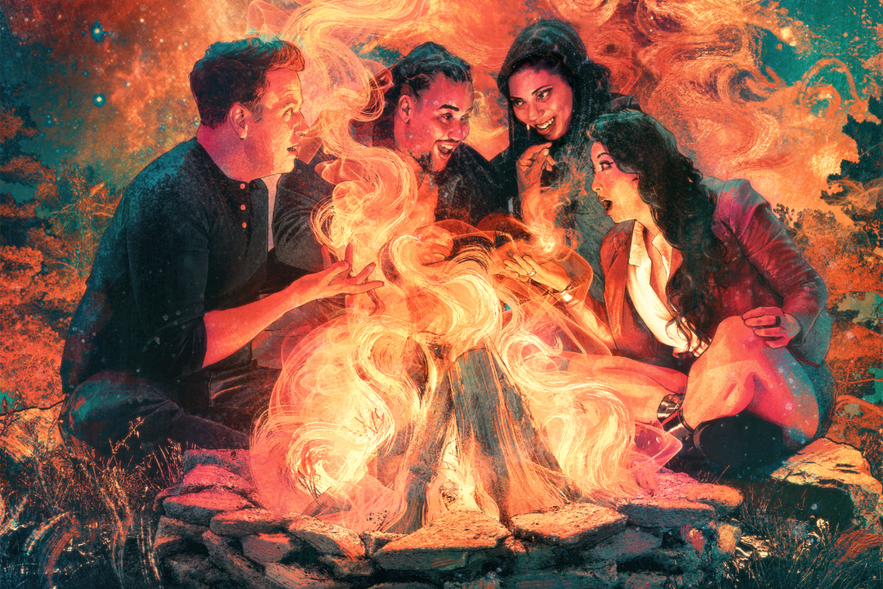 The cast of Worlds Beyond Number sits around a fire, their images stylized with thick, glowing brushstokes.