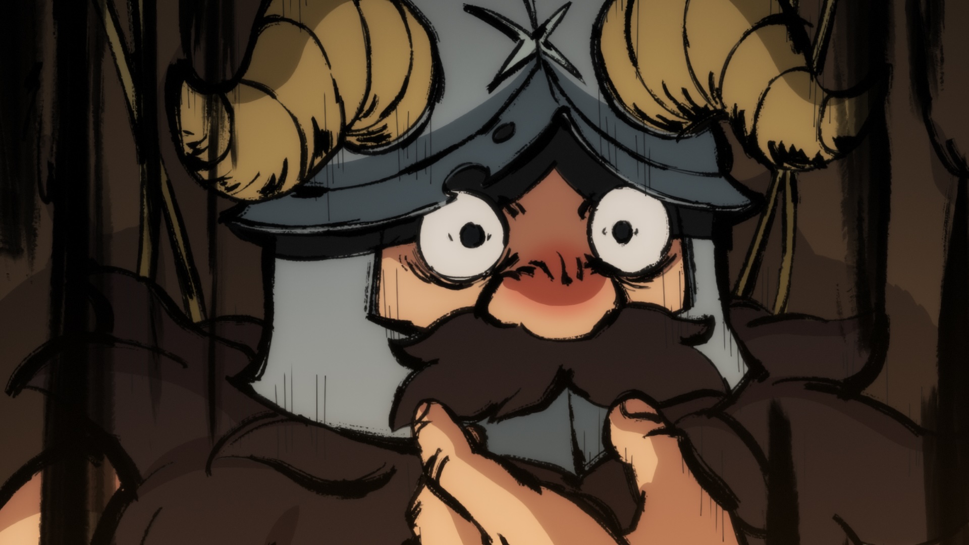 A close of Senshi the dwarf looking surprised, his eyes very wide. He’s rendered in sketchier lines than usual, to indicate the high level of surprise. A screencap from the anime series Delicious in Dungeon.