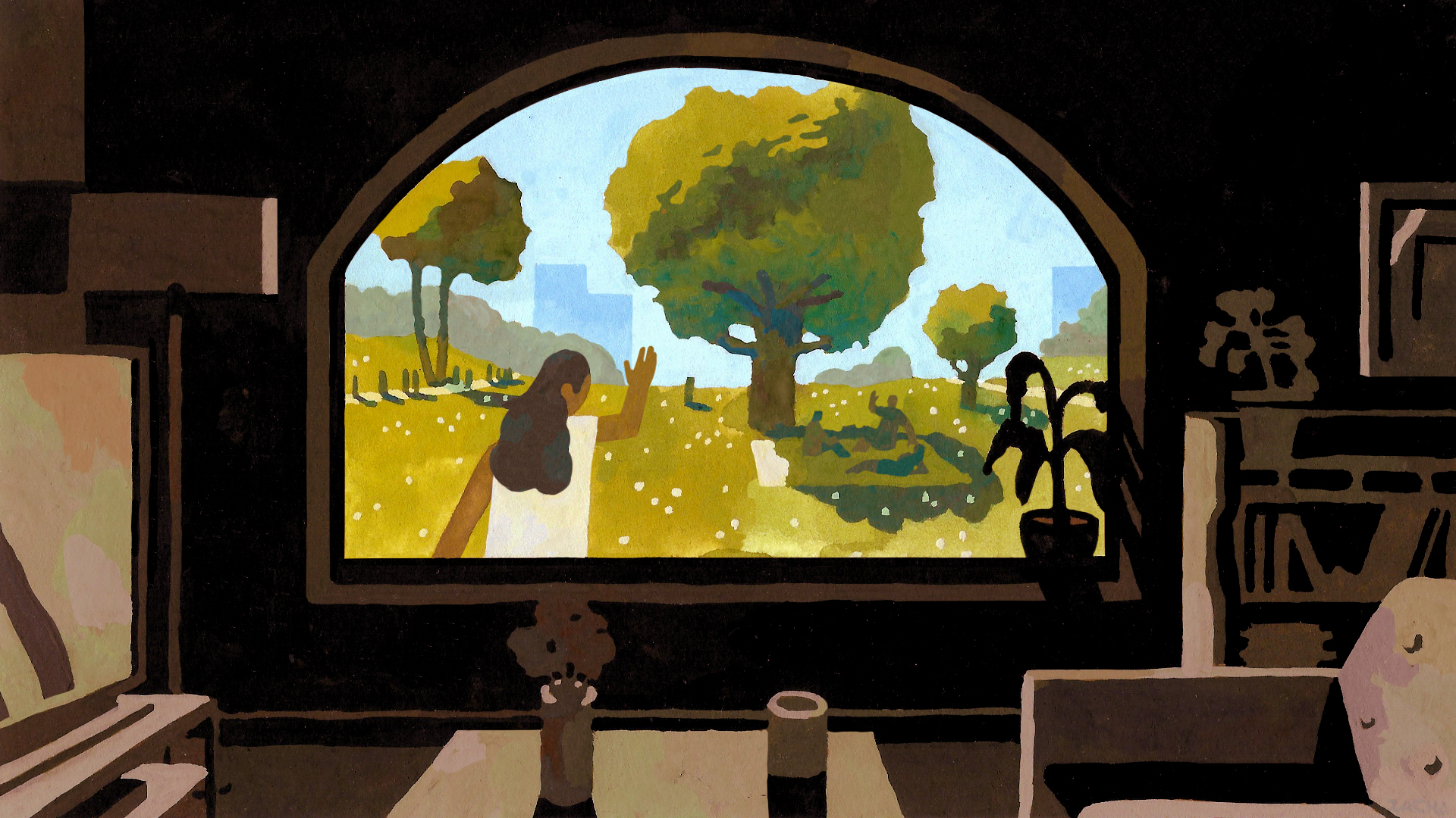 An illustration of a darkened home with a big bright window revealing a woman waving and walking toward several people on a blanket in a park with trees.