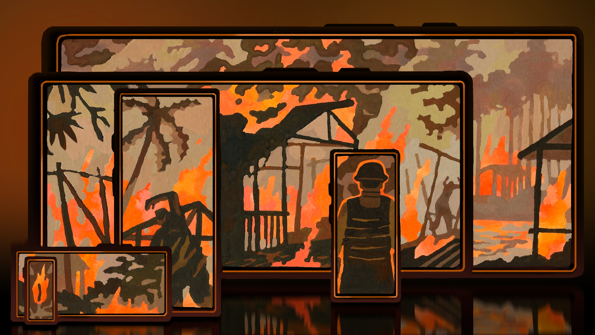 An illustration of a soldier looking out at burned trees and building wreckage with bright orange flames. This scene is all contained within a stack of digital devices.