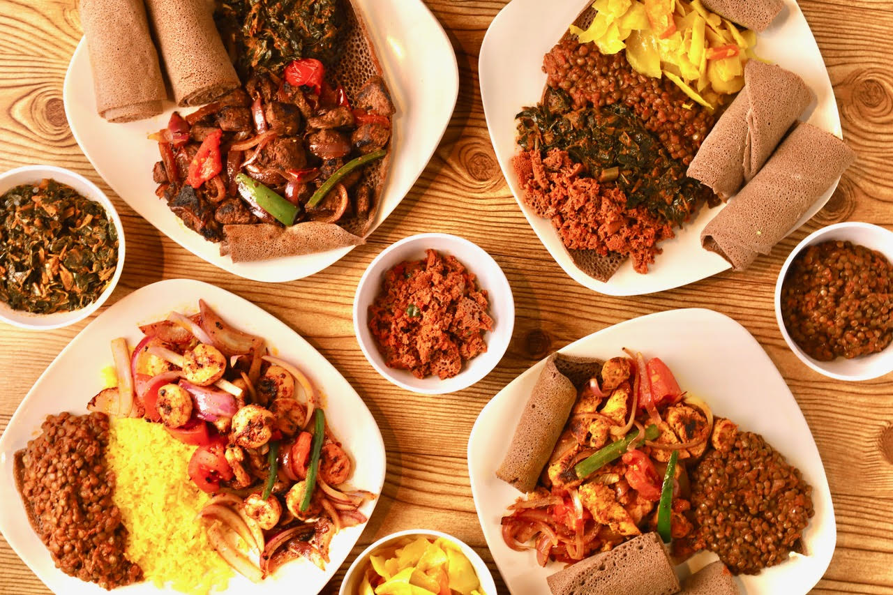 Overhead shot of various Ethiopian dishes