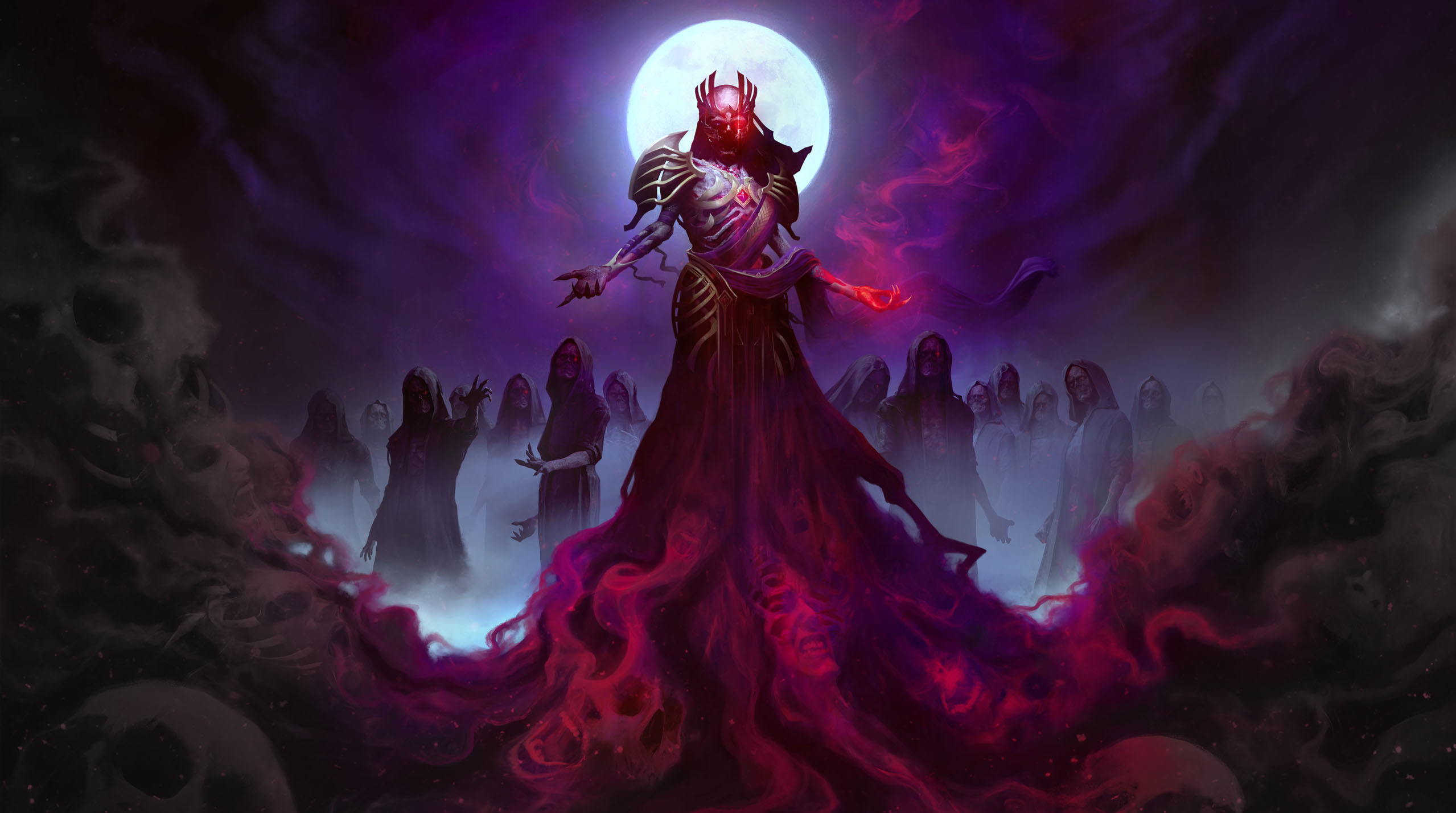 Vecna resplendent in purple robes beneath a full moon. Ghastly faces make up the red smoke at his feet.