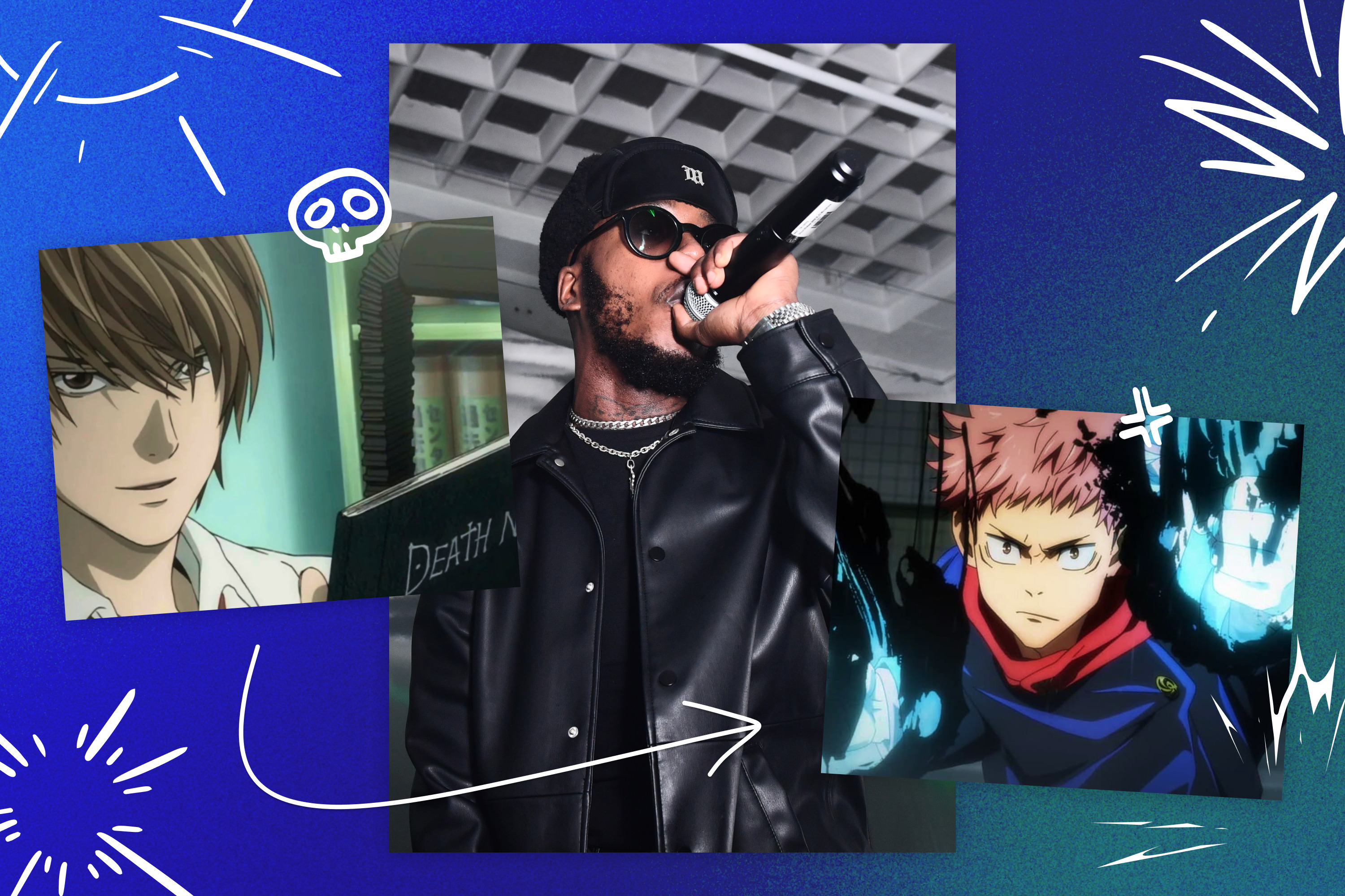 A header image featuring a photo of Che Lingo, UK-based rapper-songwriter, flanked by images from Death Note and Jujutsu Kaisen.