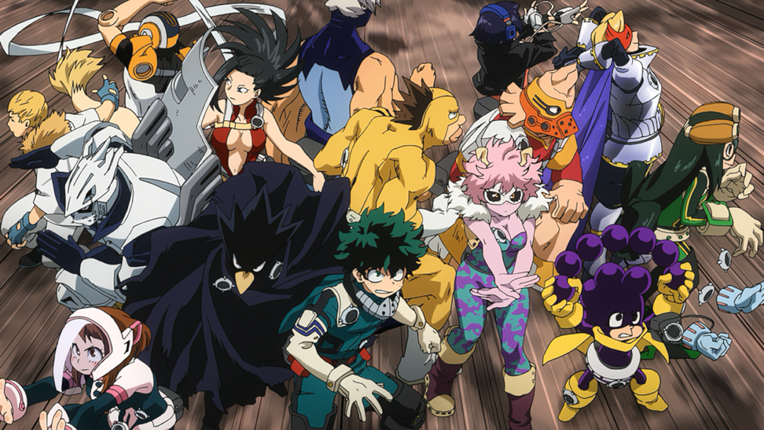 A group of various heroes from My Hero Academia, including protagonist Izuku Midoriya in his green and white costume, prepare to attack an unseen enemy.