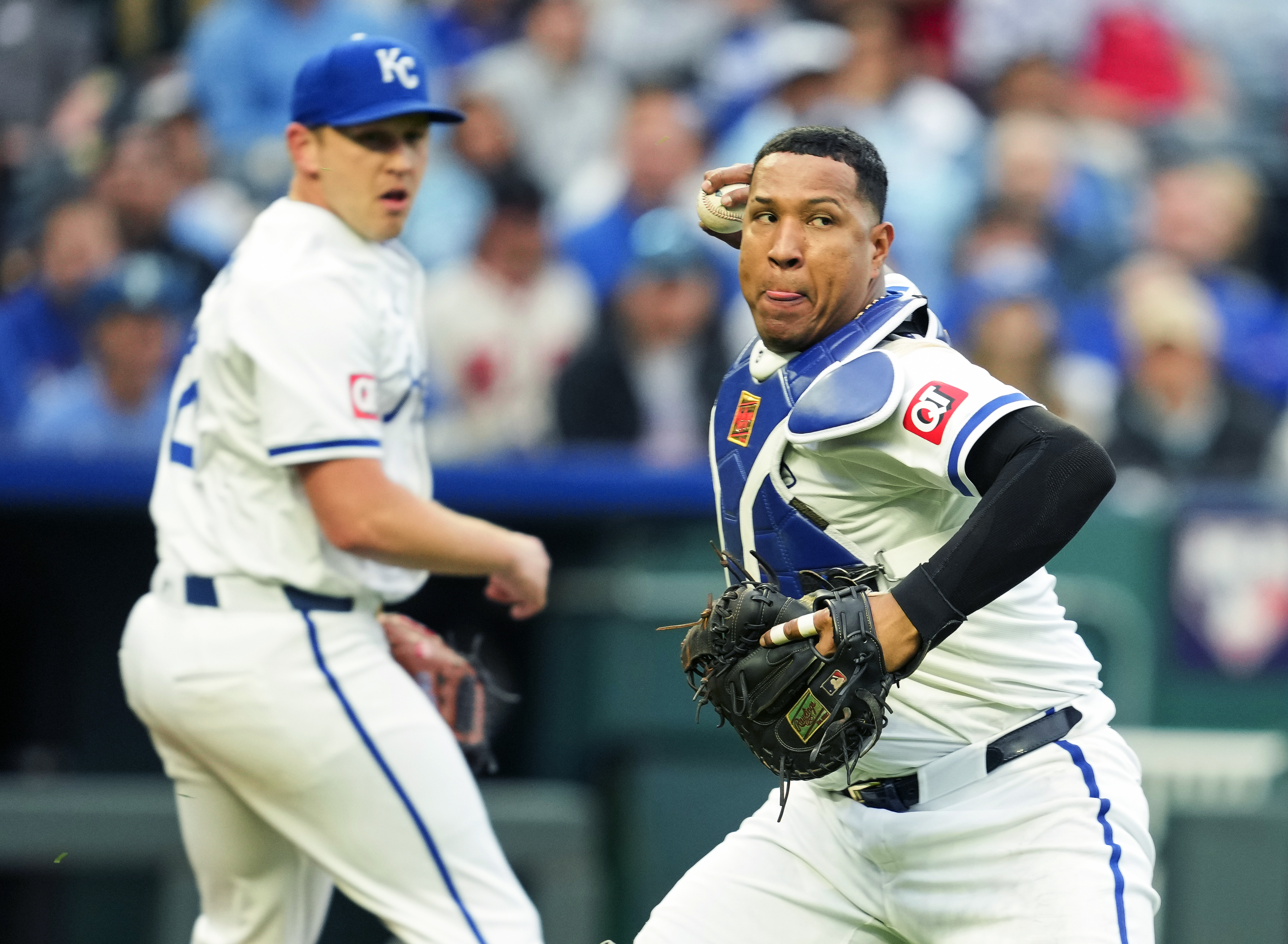 Salvador Perez #13 of the Kansas City Royals throws to first base during the fifth inning against the Texas Rangers at Kauffman Stadium on May 4, 2024 in Kansas City, Missouri.