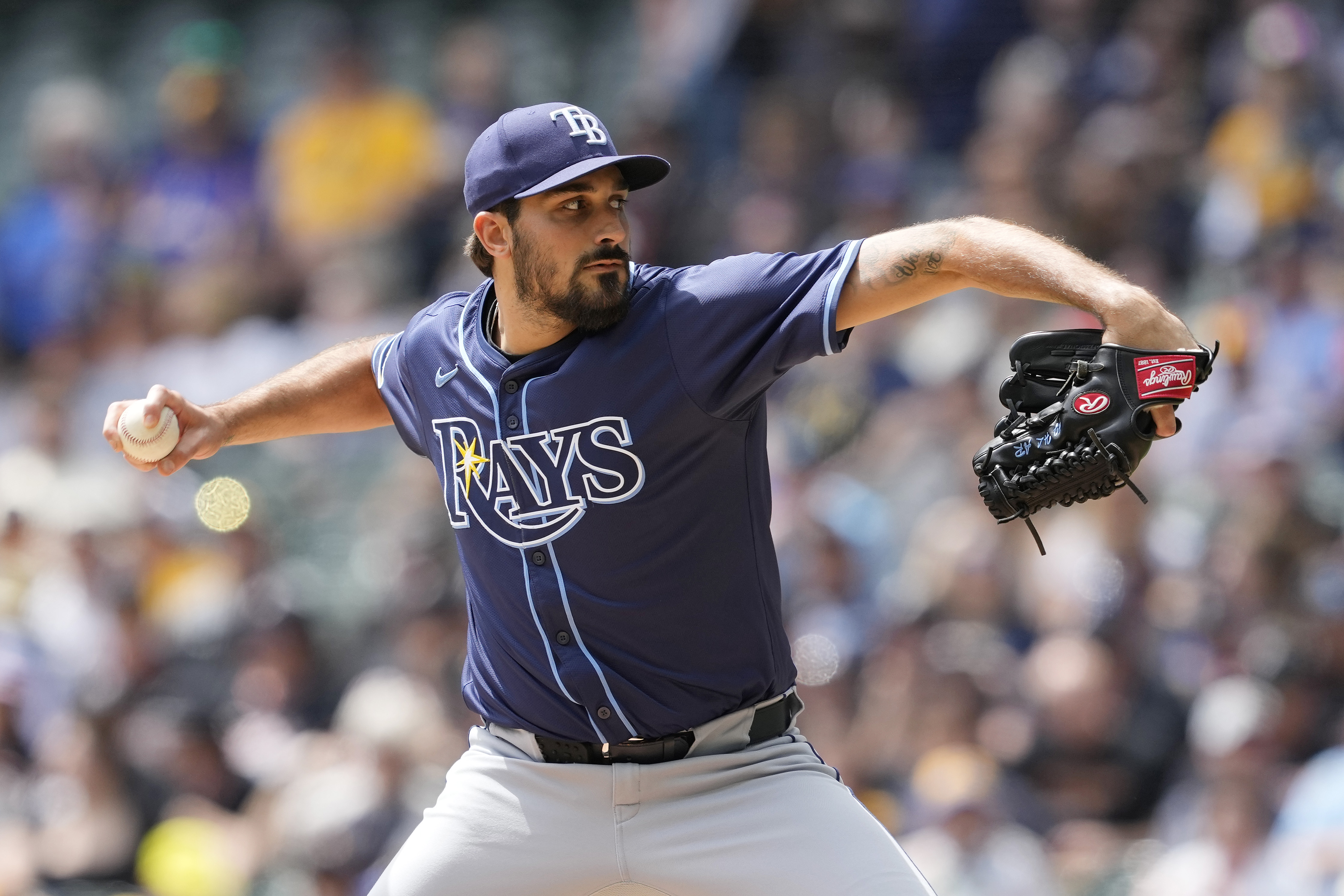 Zach Eflin #24 of the Tampa Bay Rays delivers a pitch in the first inning against the Milwaukee Brewers at American Family Field on May 01, 2024 in Milwaukee, Wisconsin.