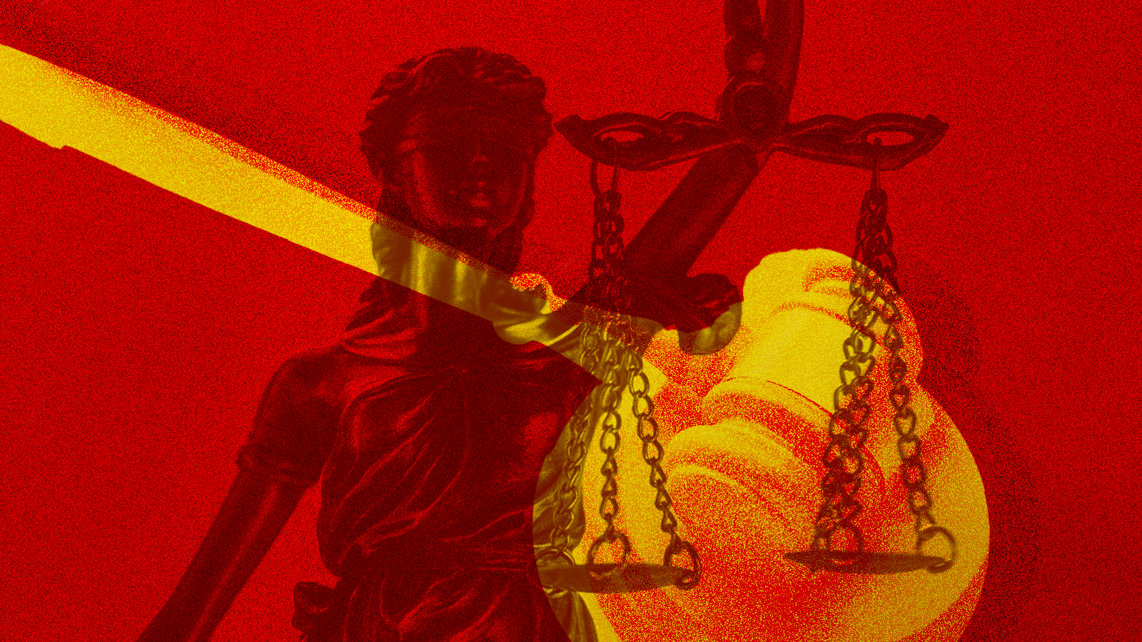 A red and yellow graphic showing a Lady of Justice figure holding two balanced scales with her raised left arm, superimposed over a yellow and orange image of a gavel, all on a red background.