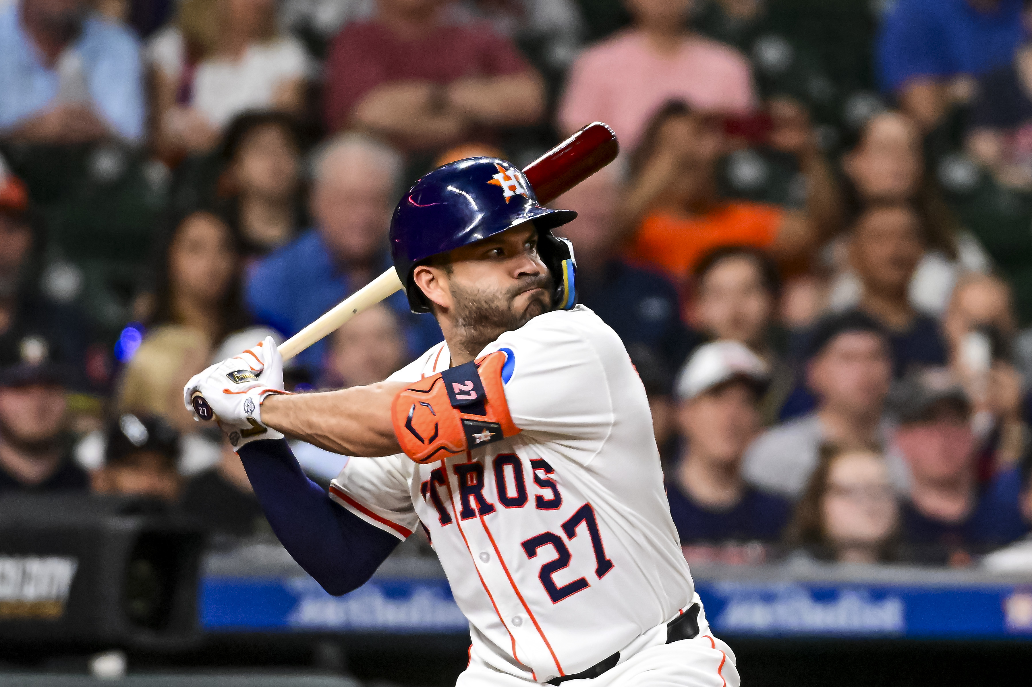 Jose Altuve #27 of the Houston Astros bats against the Cleveland Guardians at Minute Maid Park on May 01, 2024 in Houston, Texas.