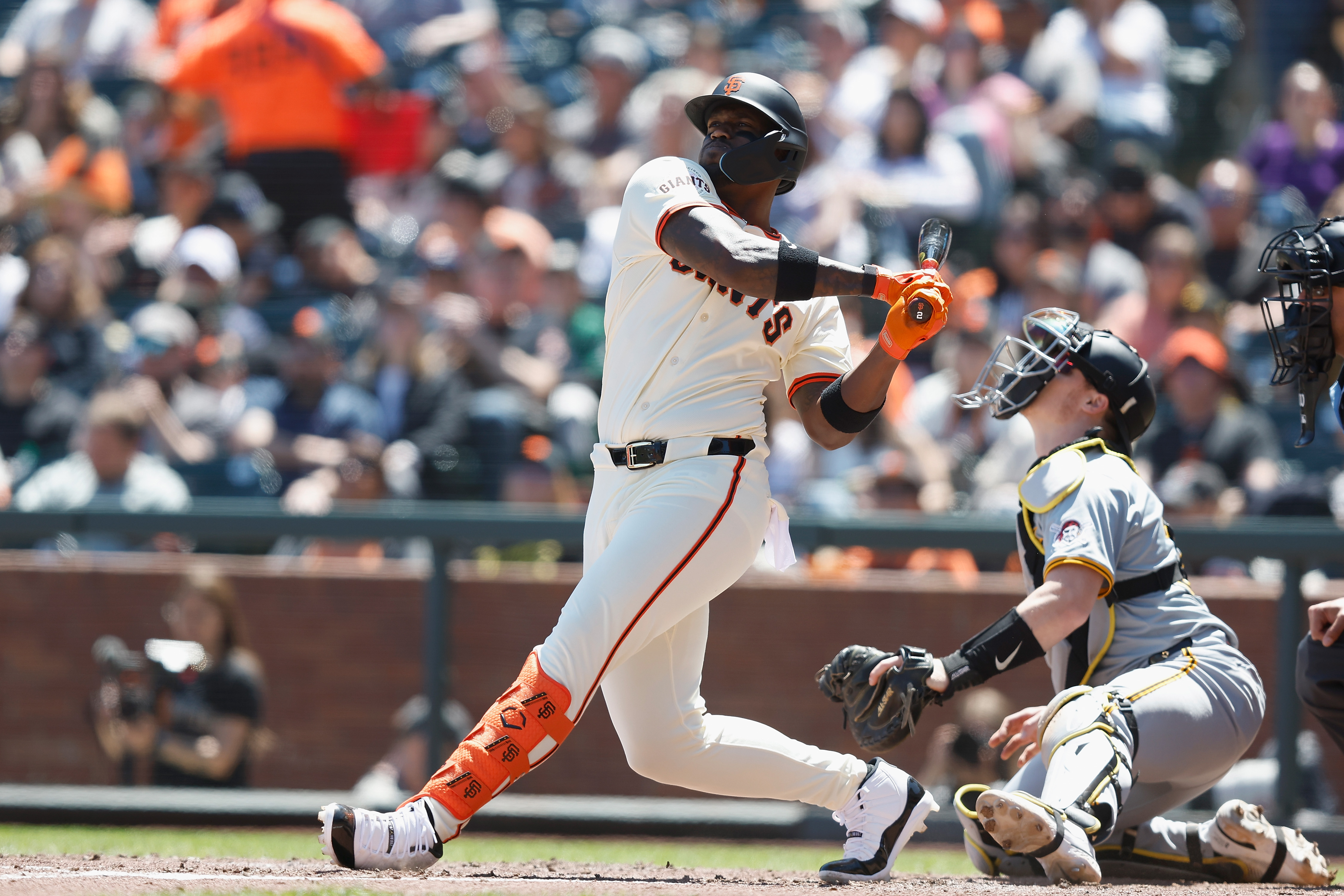 Jorge Soler #2 of the San Francisco Giants at bat against the Pittsburgh Pirates at Oracle Park on April 28, 2024 in San Francisco, California.