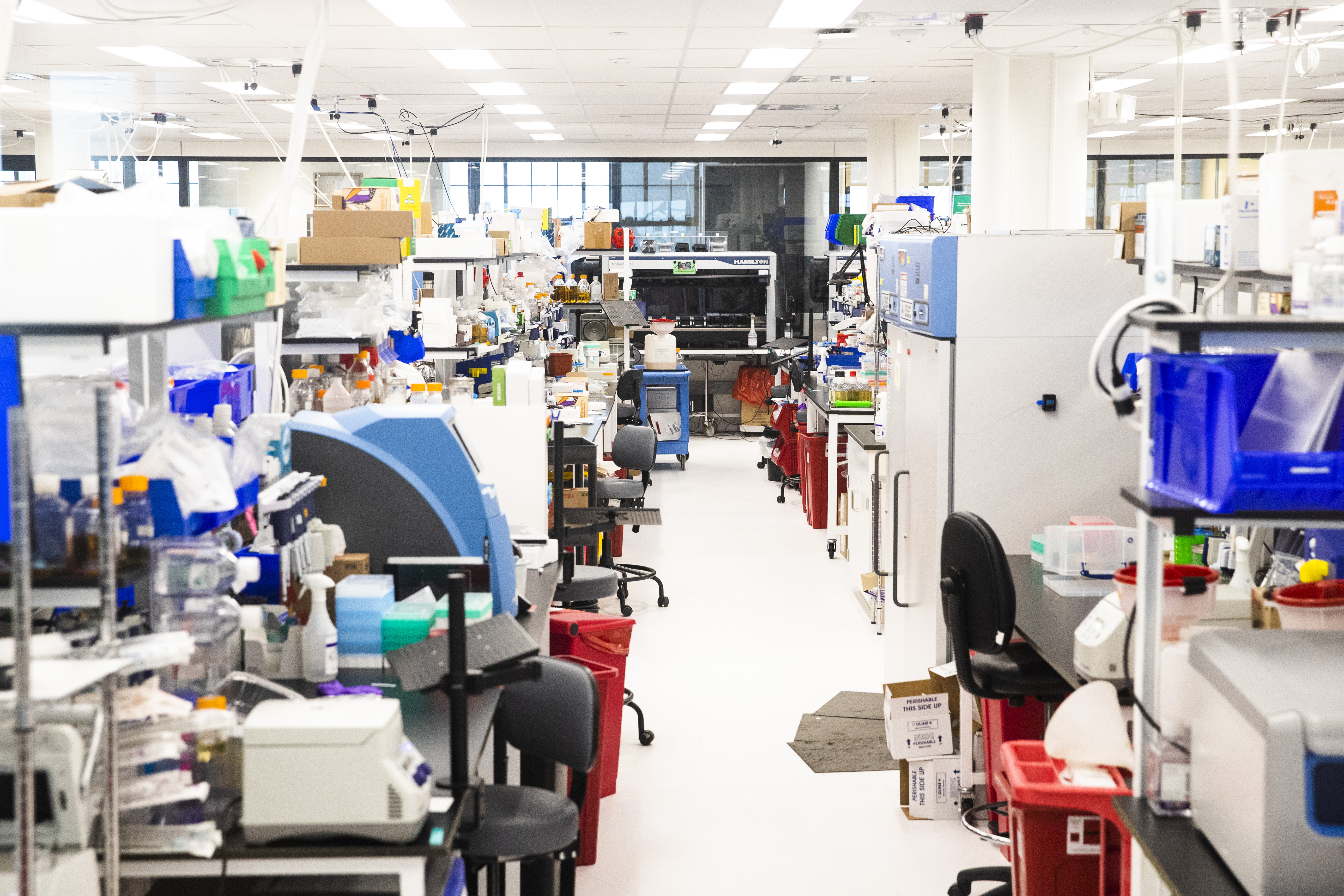A brightly lit, white lab room with rows of desks and lots of scientific equipment and storage.