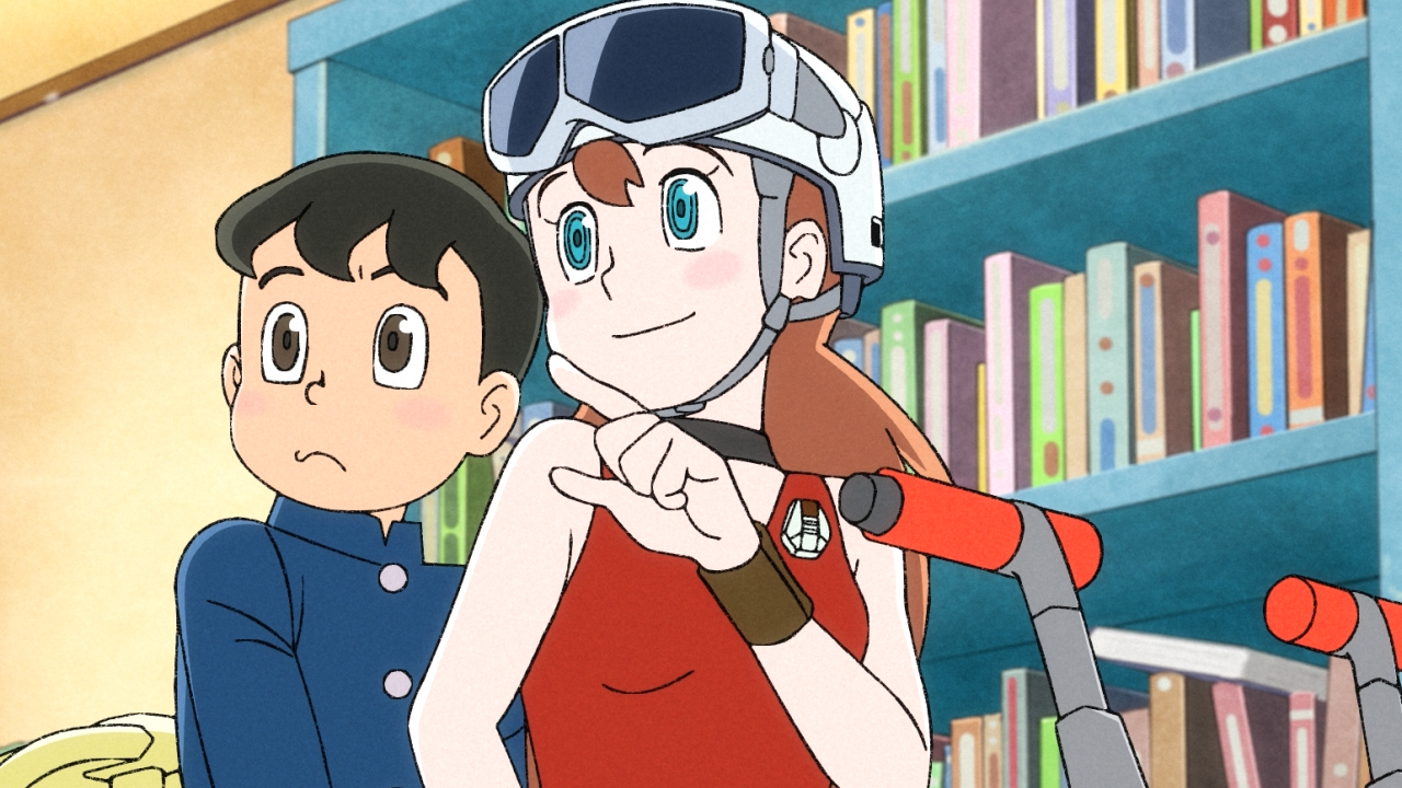 A black-haired anime boy in a schoolboy uniform sitting behind a woman wearing goggles, pointing at something off-screen in Time Patrol Bon.