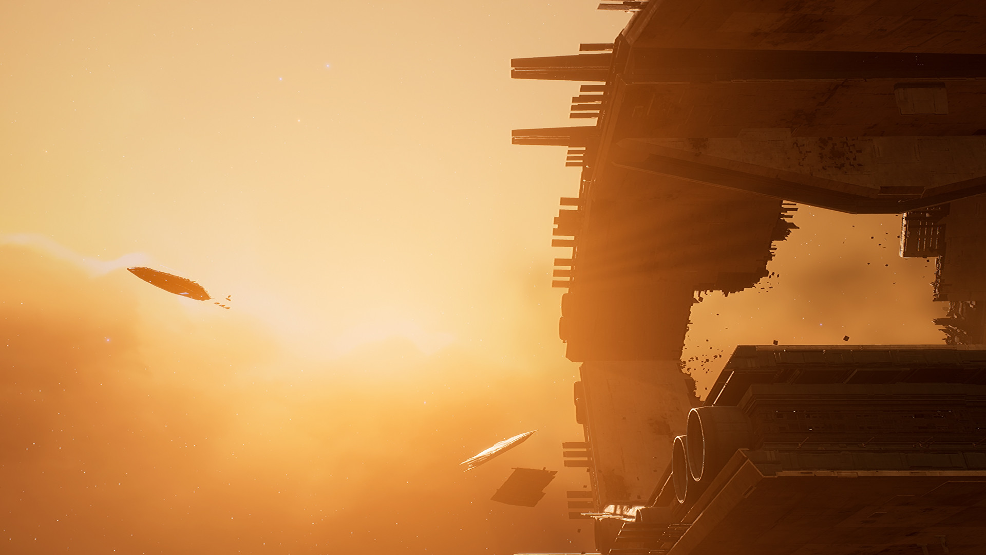 A wide shot of a relatively small spaceship approaching a massive docking bay, backlit by orange light