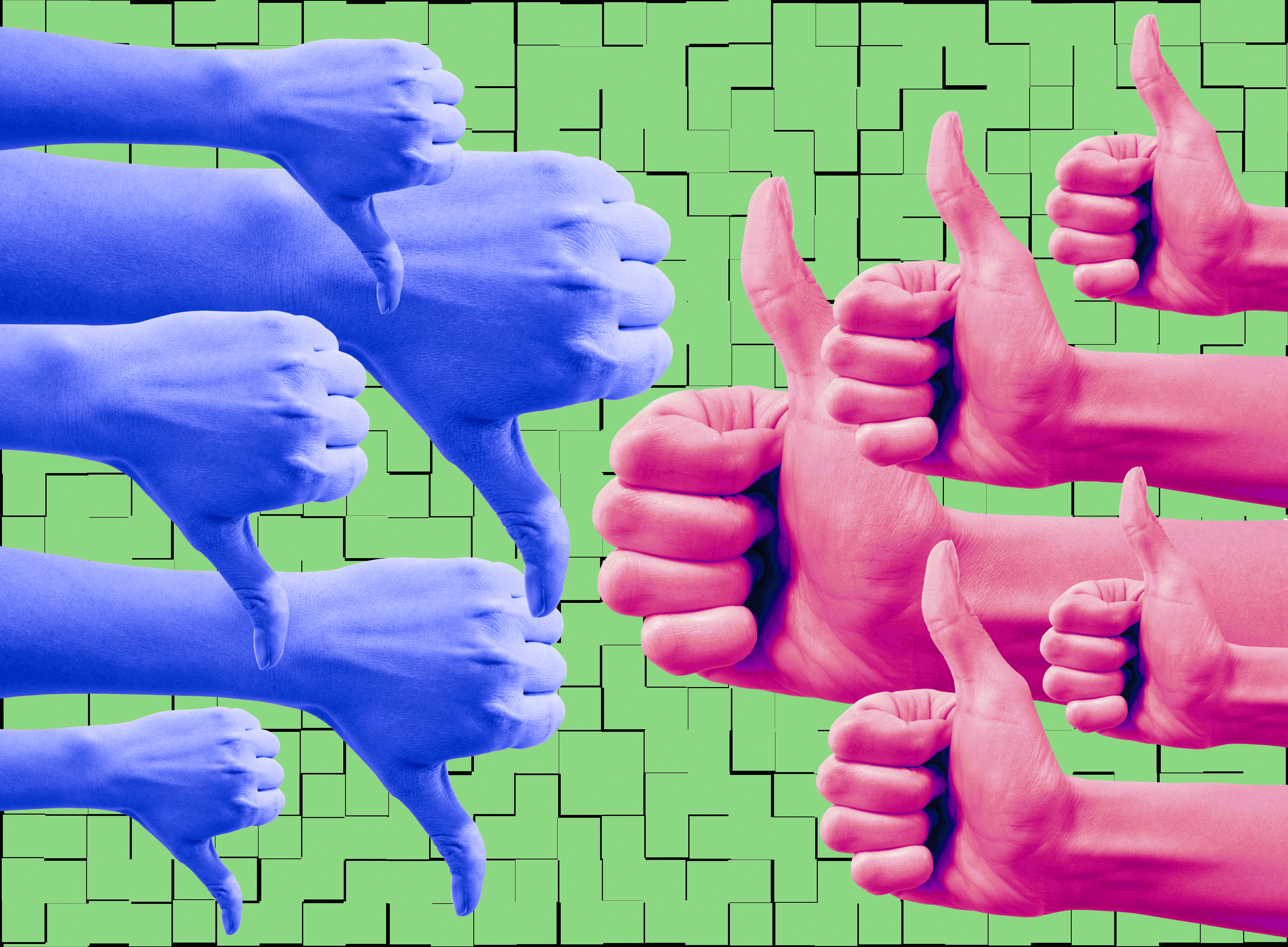 A collage-style illustration with a collection of photorealistic blue hands doing thumbs down on the left side of the image with a series of photorealistic red hands giving thumbs up on the right side of the image on an illustrated green background.