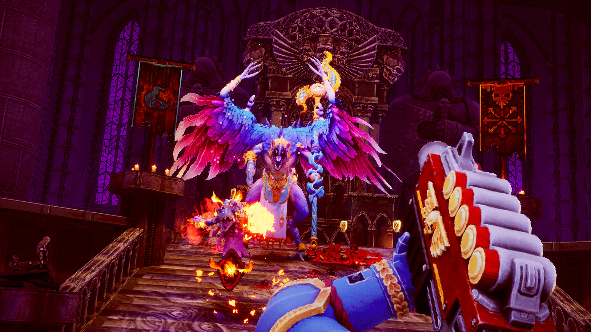 A screenshot from Warhammer 40,000: Boltgun, where the protagonist is attacking a bird-like demon known as a Lord of Change from the first-person perspective.