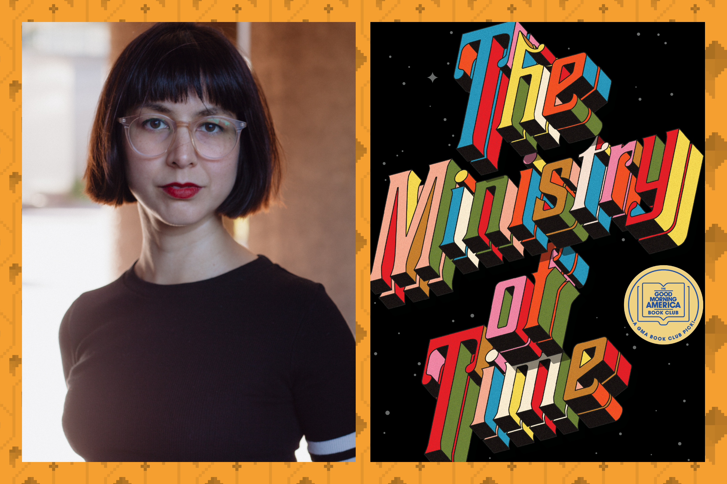 A split image of author Kaliane Bradley and the cover to her novel The Ministry of Time — an illustrated black Starfield with the title in a rainbow of 3-D lettering.