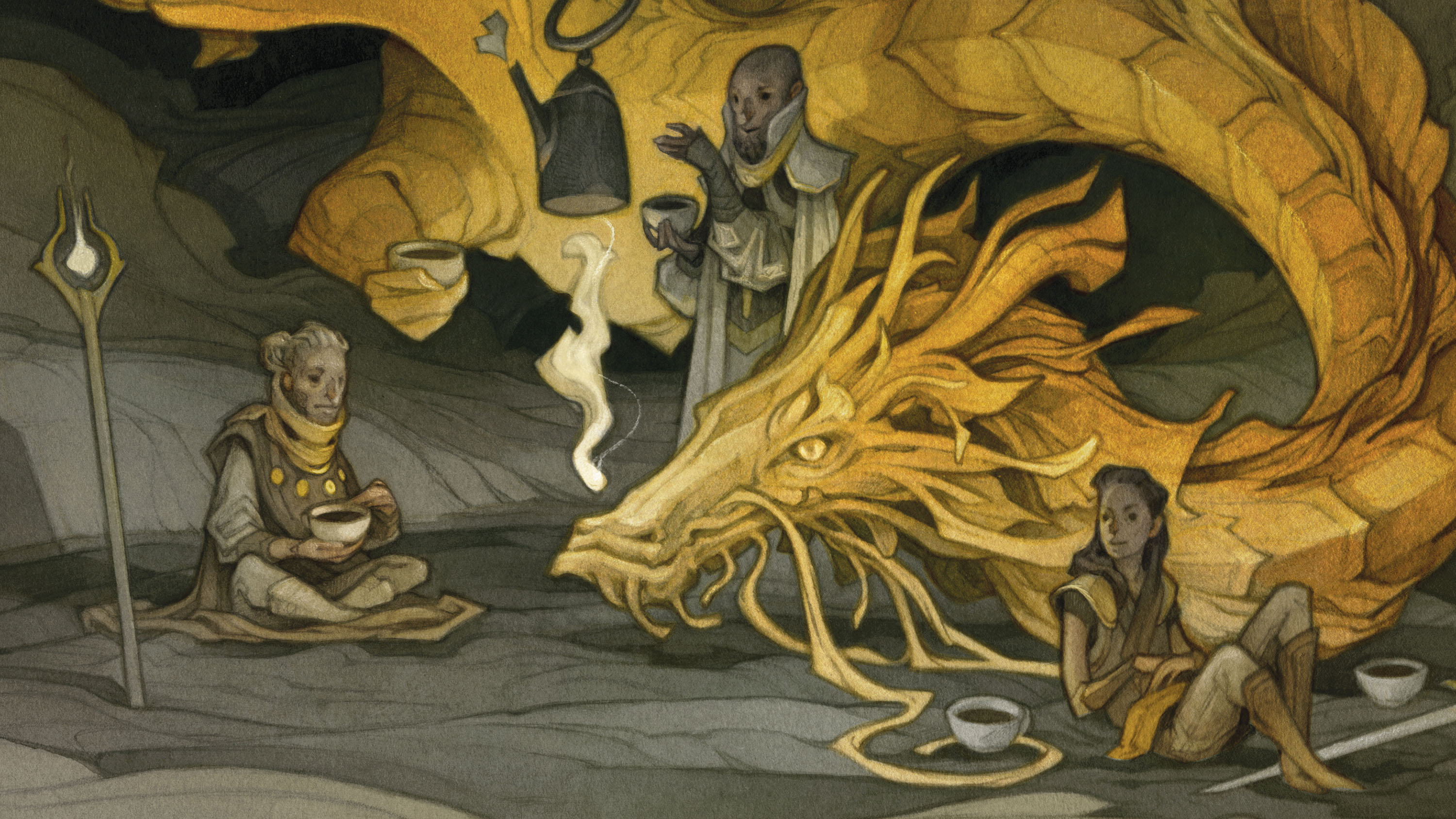 A close-up of a gold dragon making tea for an adventuring party.