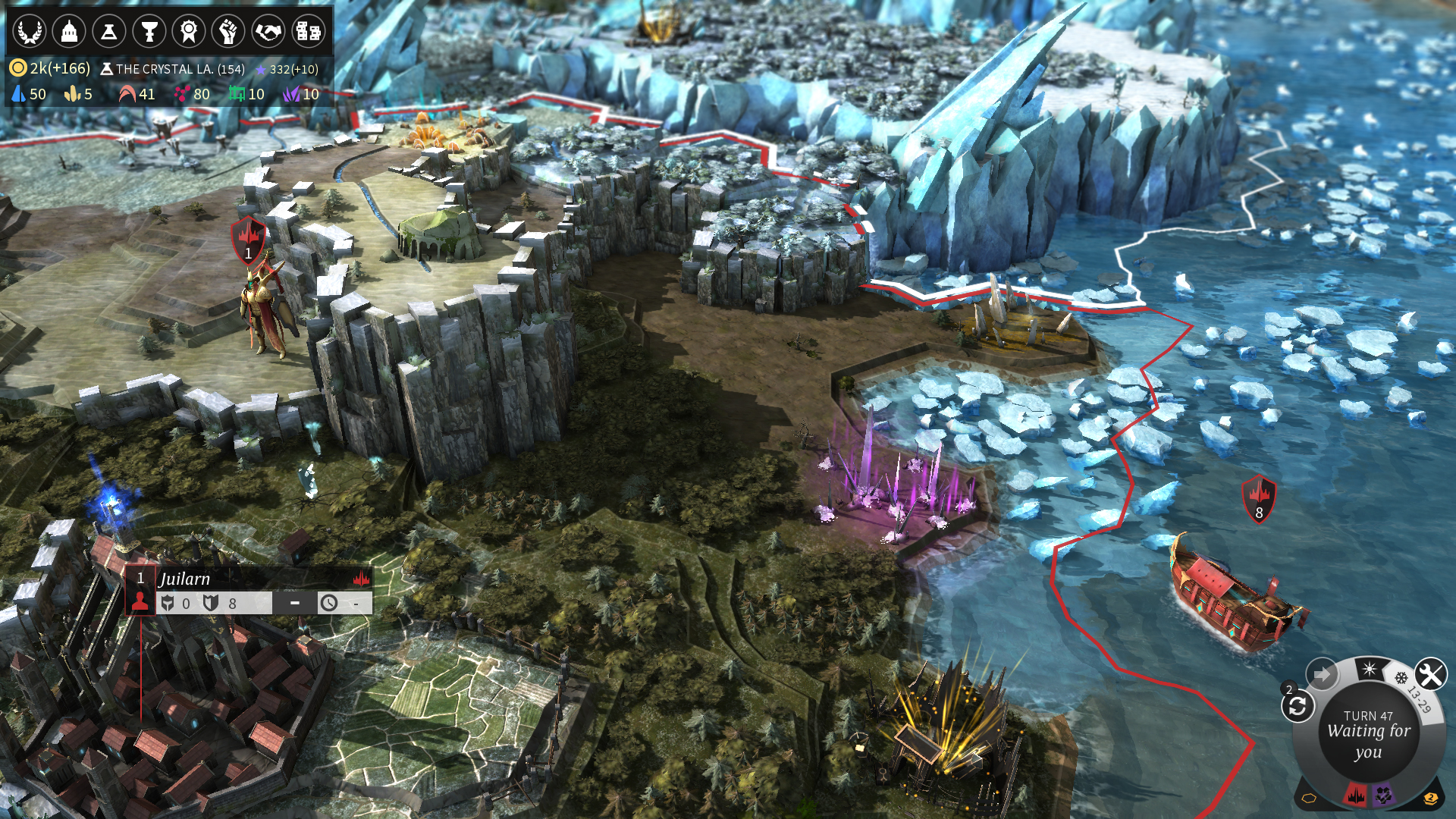 An image of Endless Legend. The game shows an oblique semi-topdown view of a map divided by hexagons. There are different environments like a snowy mountains and a forest. 