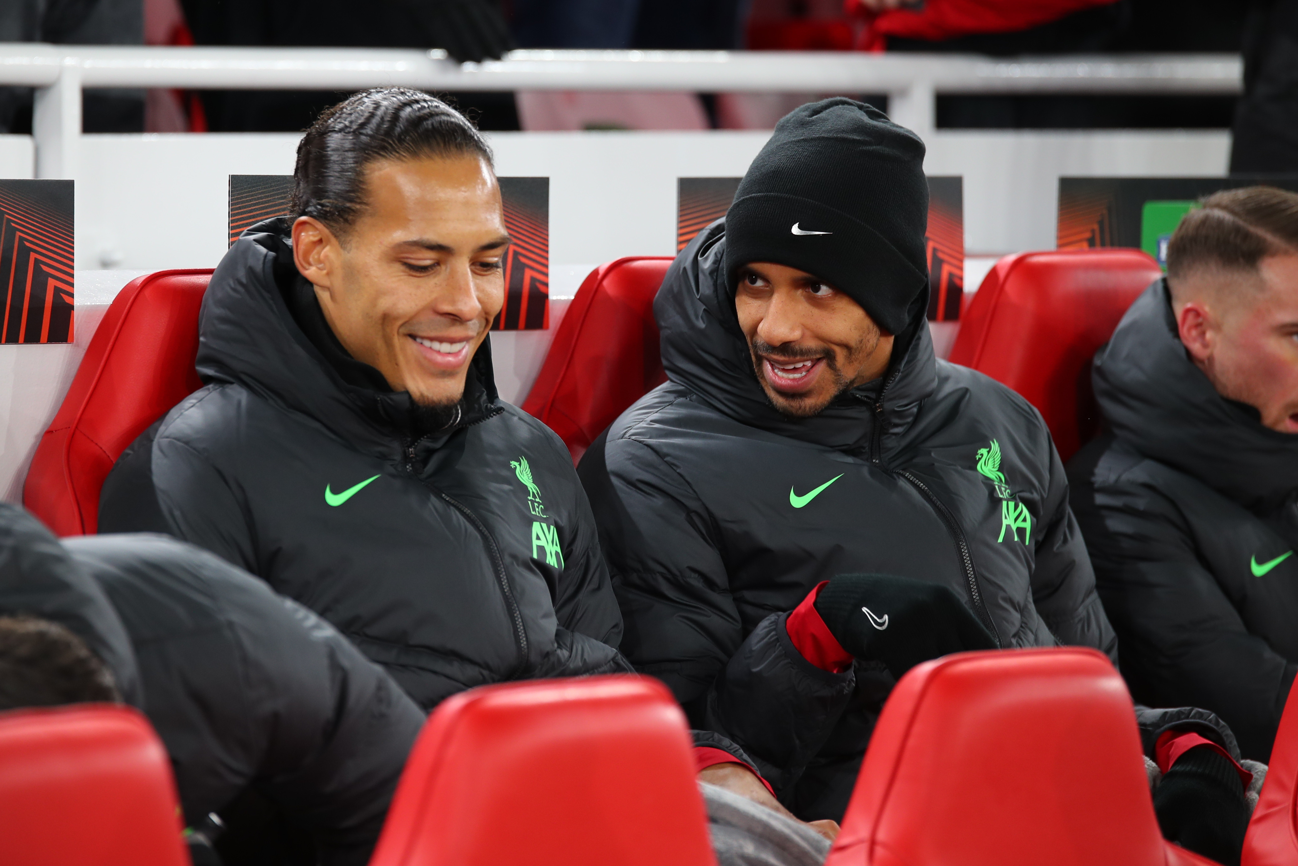 Virgil van Dijk of Liverpool and Joel Matip of Liverpool during the Group E - UEFA Europa League 2023/24 match between Liverpool FC and LASK at Anfield on November 30, 2023 in Liverpool, England.