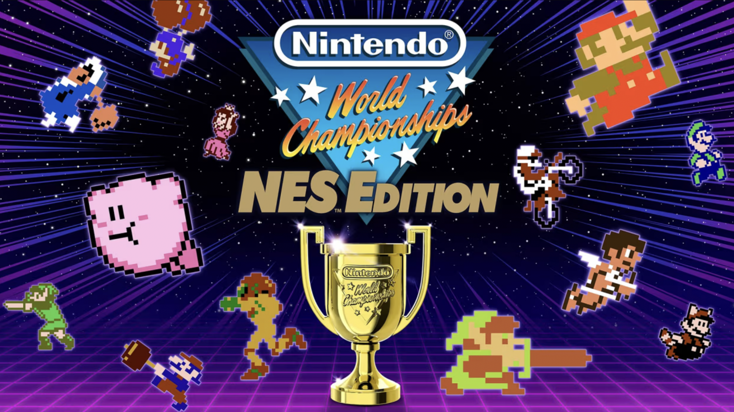 A graphic showing 8-bit Nintendo characters in Nintendo World Championships: NES Edition. 