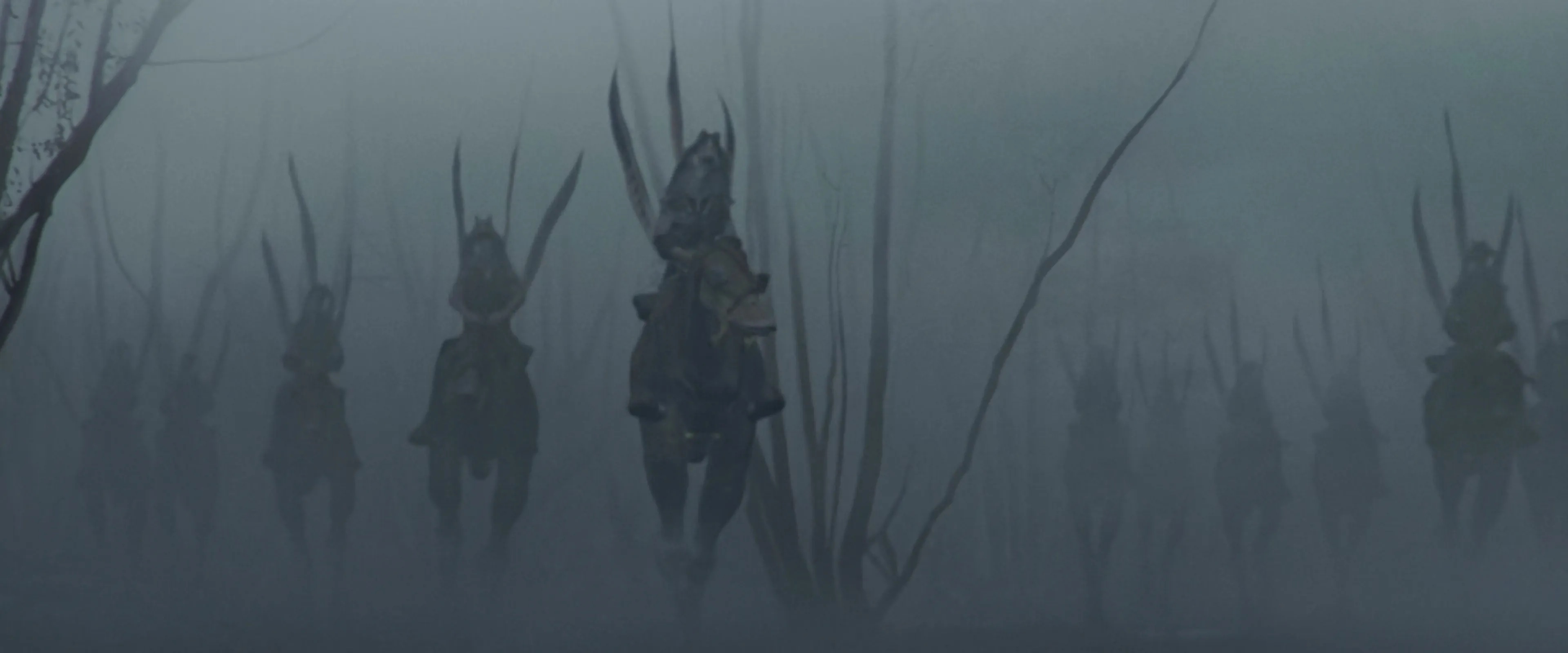 Gungans walk on bipedal beasts through the fogs of Naboo in The Phantom Menace