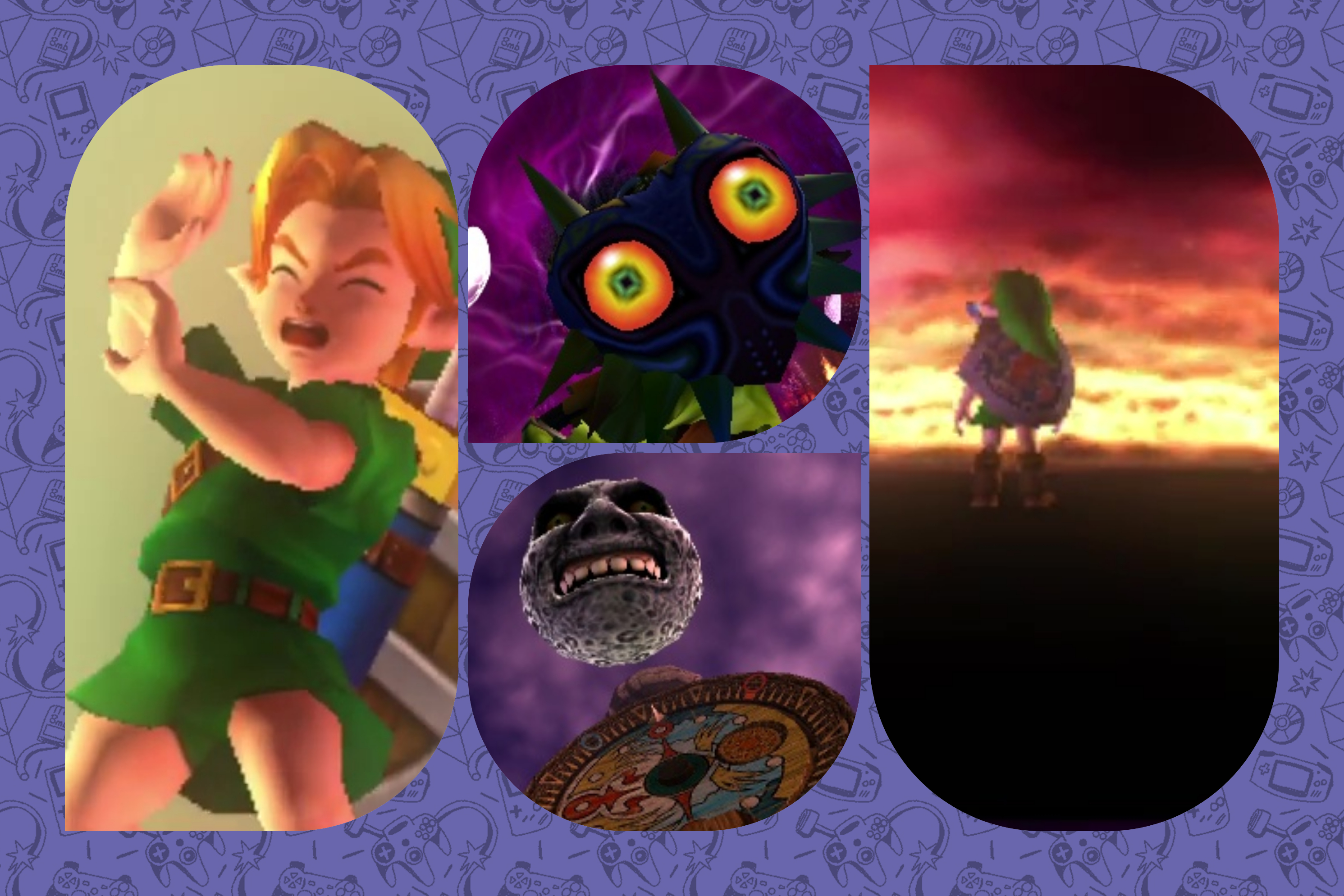 A graphic showing several screenshots from moments in The Legend of Zelda: Majora’s Mask. There are four images: One where Link is is being overwhelmed by a bright light, one showing the masked imp from Majora’s Mask, An image of the moon with a face hanging over the town, and an image of Link standing staring out towards a horizon. 
