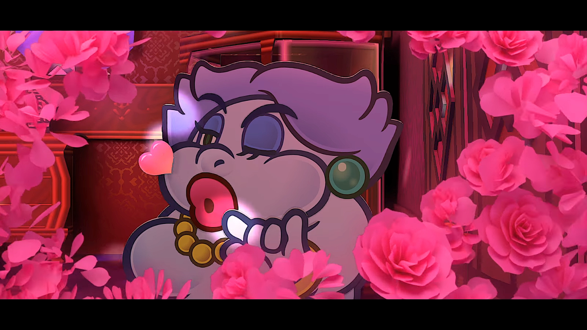 Madame Flurrie, a purple ghost-like lady with a pearl necklace, pink lips and a sorta cobalt-blue eye shadow, blows a kids wreathed in roses in Paper Mario: The Thousand-Year Door