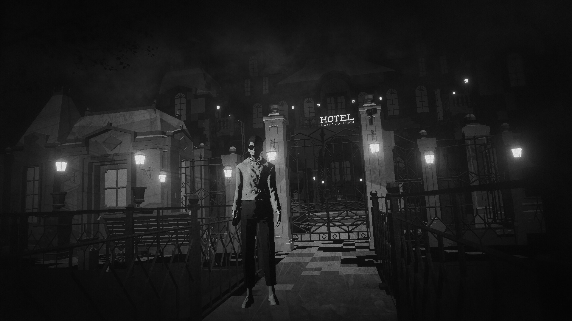 An image of Lorelei standing in front of a mansion-like hotel in Lorelei and the Laser Eyes. It’s rendered in black and white and has a noir sort of look. 
