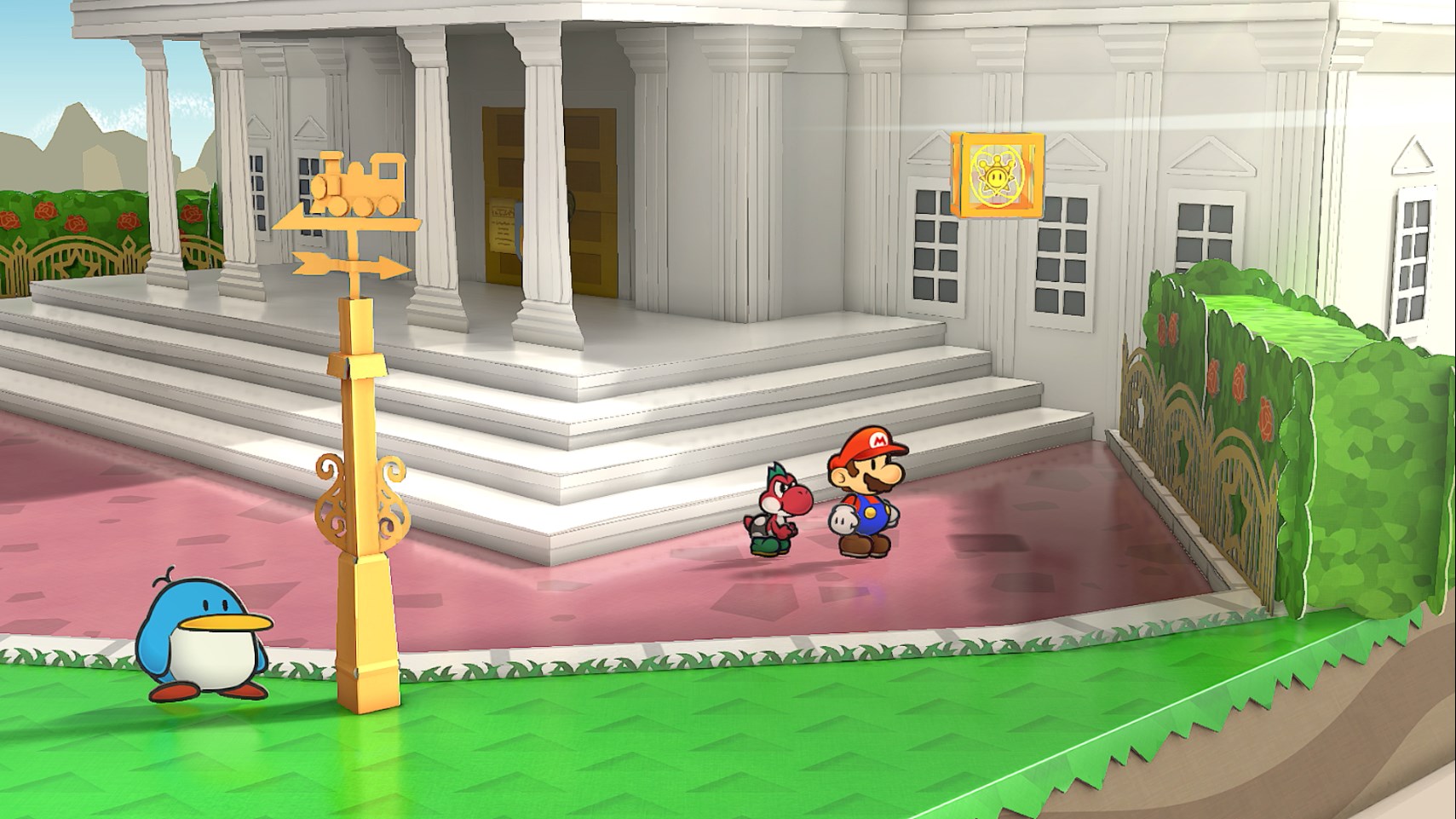 Mario and Yoshi stand in front of a Shine Sprite block in Paper Mario: The Thousand-Year Door