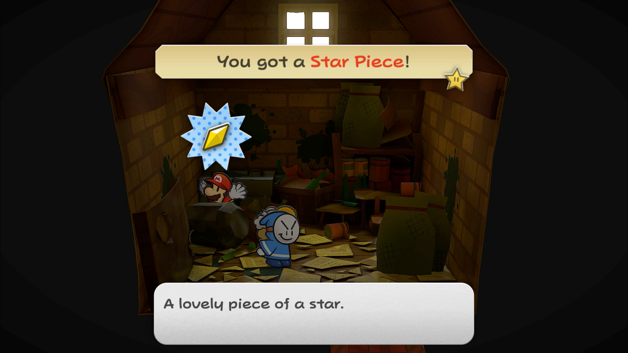 Mario lifts up a Star Piece behind a blue thief in a dark building in Paper Mario: The Thousand-Year Door.