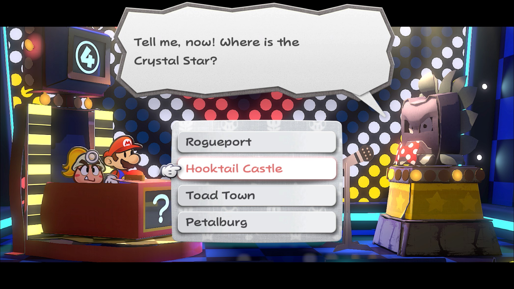 A Thwomp in a bowtie quizzes Mario in Paper Mario: The Thousand-Year Door